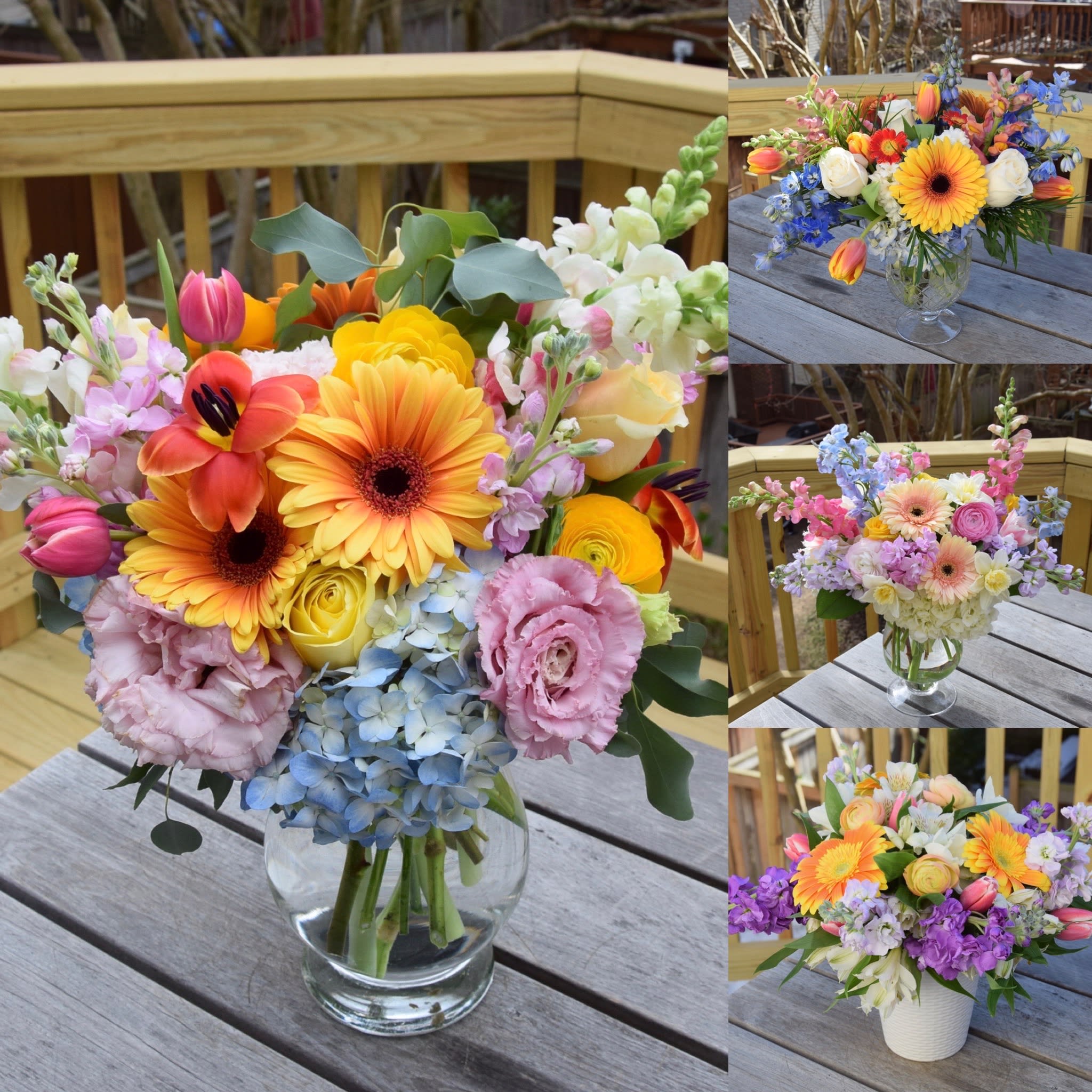 Colorful mixed bouquet in a clear glass vase on a wooden table