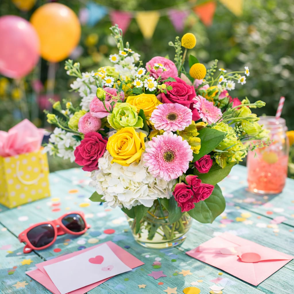 Jubilee - A vibrant, joy-filled arrangement designed to brighten any space. This design features a lush blend of hydrangea, roses, spray roses, stock, ranunculus, lisianthus, alstroemeria, chamomile, and billy balls, creating a balance of soft texture and playful movement. Styled in a clear glass vase, it’s a fresh, modern statement piece—perfect for celebrating a mom who brings color and energy into every room.