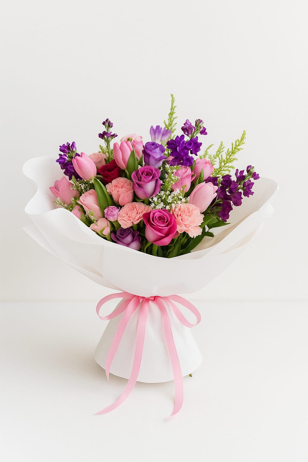 Pink and purple mixed bouquet wrapped in white paper with a pink ribbon