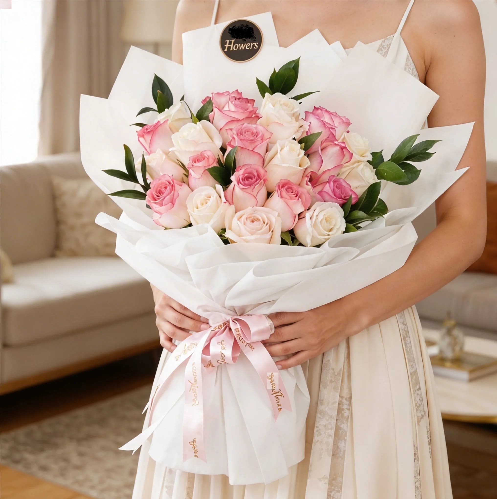 admiration Pink &amp; White Roses wrapped Bouquet  - A graceful and elegant bouquet featuring 24 beautiful pink and white roses, beautifully accented with fresh green fillers and wrapped in refined white wrapping paper. This charming floral combination blends softness and purity, creating a sophisticated arrangement perfect for heartfelt gifting and special occasions.Pink roses symbolize admiration and sweet affection, while white roses represent purity and sincerity. Together, they create a beautiful expression of appreciation, grace, and heartfelt emotions — making this bouquet an ideal choice for celebrations, thank-you gestures, or meaningful surprises.