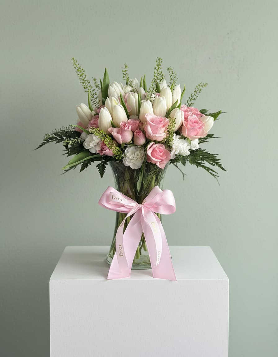 Blush &amp; White Tulip and Spray Rose Arrangement - A timeless and elegant arrangement designed in soft blush and ivory tones, featuring fresh tulips, delicate roses, and premium seasonal blooms. Accented with lush greenery and styled in a clear glass vase finished with a satin ribbon, this design embodies effortless beauty and refined charm. Perfect for birthdays, celebrations, or simply elevating any space with a touch of luxury. Flower varieties and tones may vary slightly based on seasonal availability.