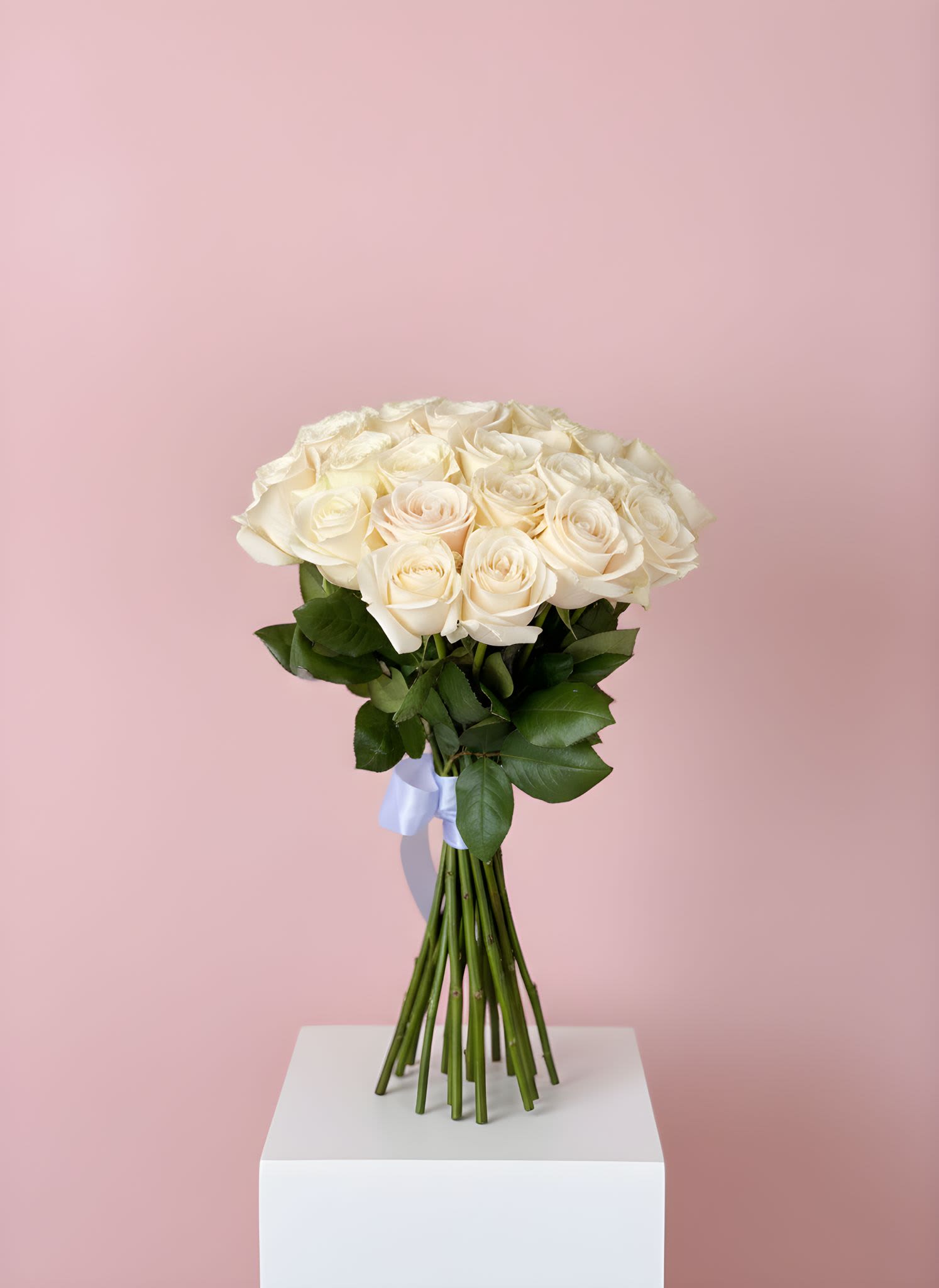 Bouquet of cream roses tied with a pale blue ribbon
