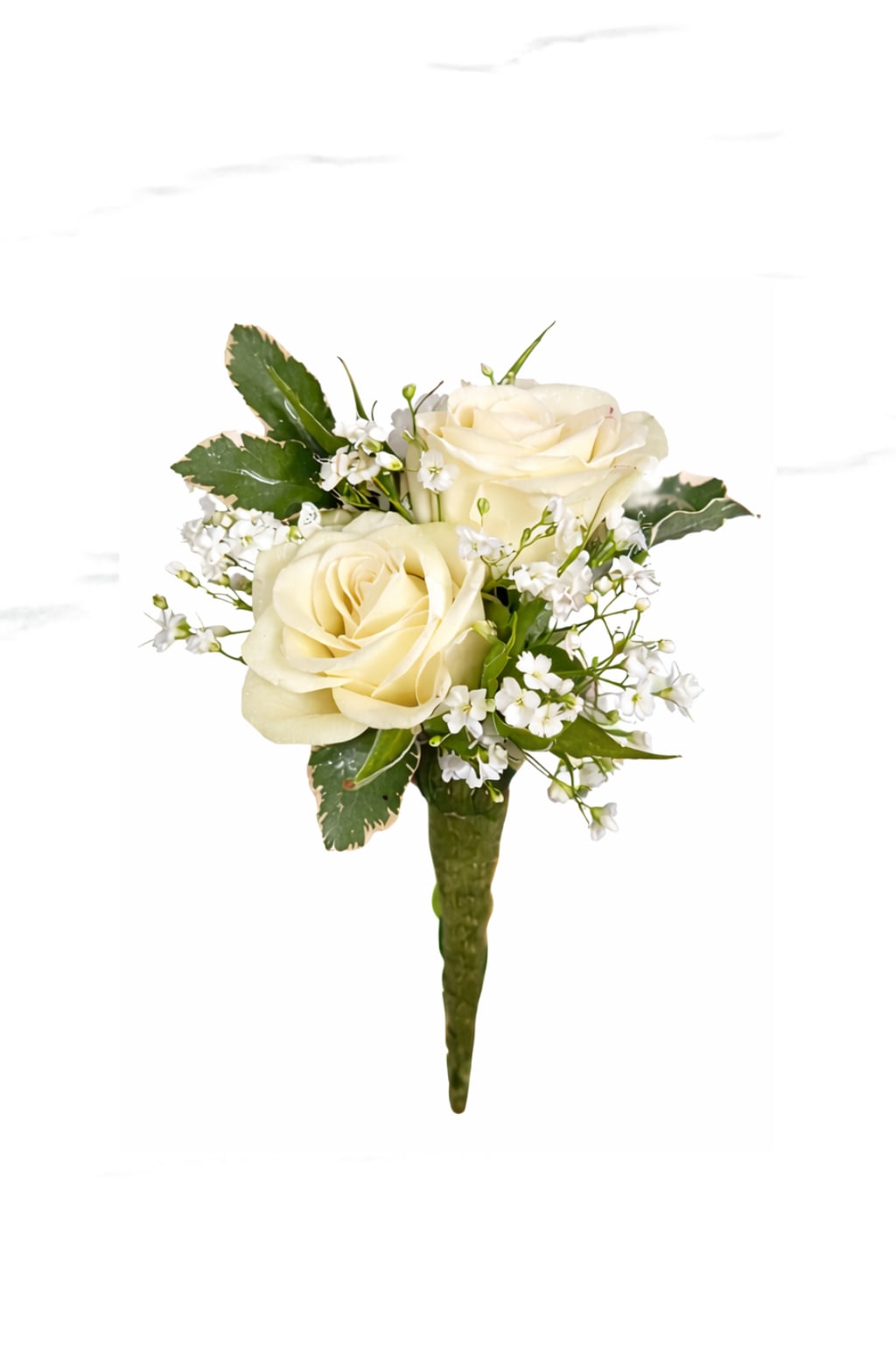 Two White Rose Boutonnière  - A classic white boutonnière that compliments any suit. A perfect addition for any prom, formal, or wedding event.(Colors can be added per request) 