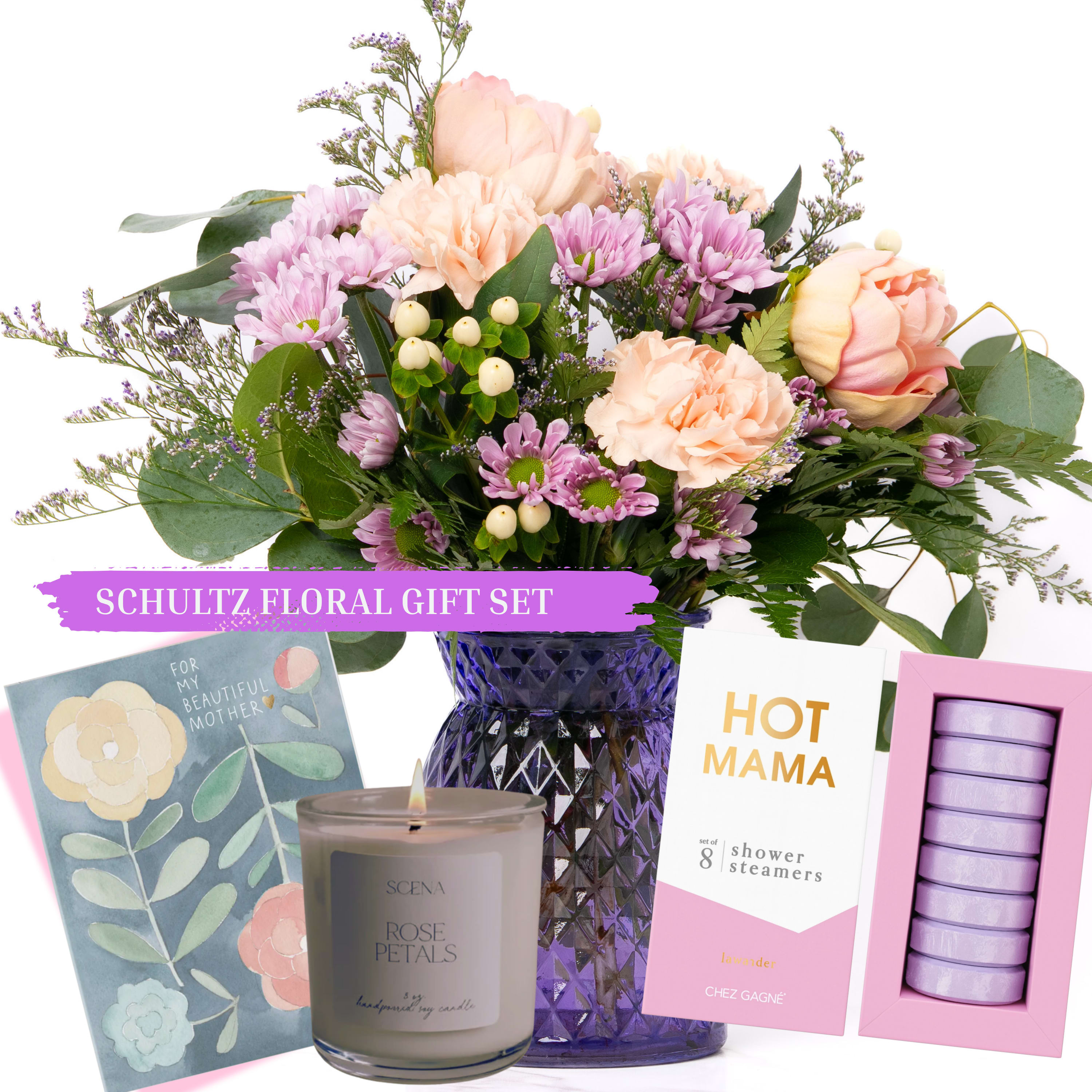 Our Mother's Day Collection: Olivia Gift Set by Schultz Floral - Celebrate Mom this Mother's Day with her favorite flowers - Peonies! This gift set includes boutique shower steamers to help her relax and a handwritten Mother's Day card. A sweet way to say I love you and all that you do from Schultz Floral.  This gift bundle includes: - One "Olivia" floral mix arrangement from Our Mother's Day Collection featuring Peonies. - One 8-piece Shower Steamer (Hot Mama, while supplies last) - One handwritten Mother's Day card (designs will vary; include a your personal message during check out)  Note: Vase Colors May Vary (Pink and Purple) Available for Local Delivery or Valparaiso Pick Up May 6 - May 24, 2026