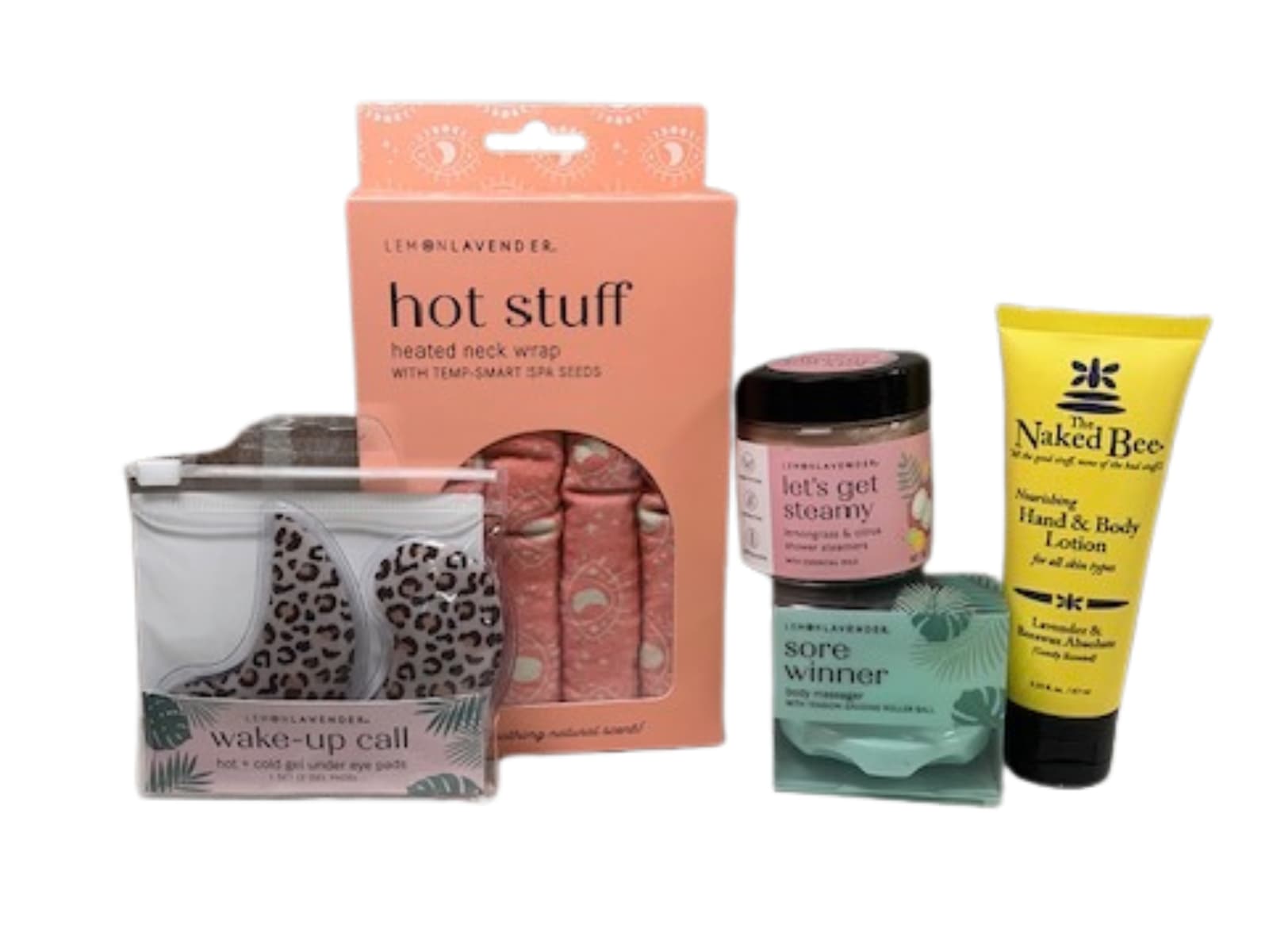 Assorted self-care gift set with lotion, masks, and a neck wrap