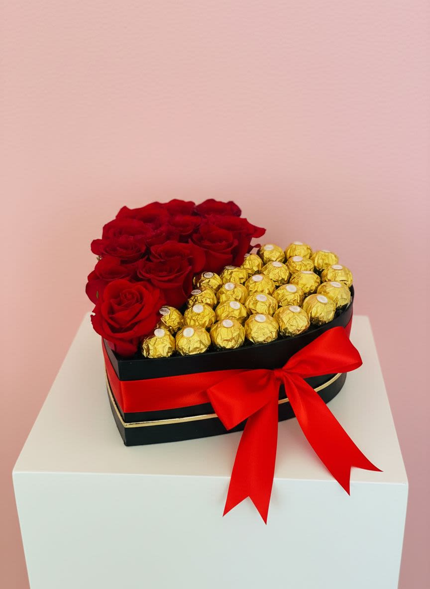 Heart-shaped box with red roses and gold-wrapped chocolates tied with a red ribbon