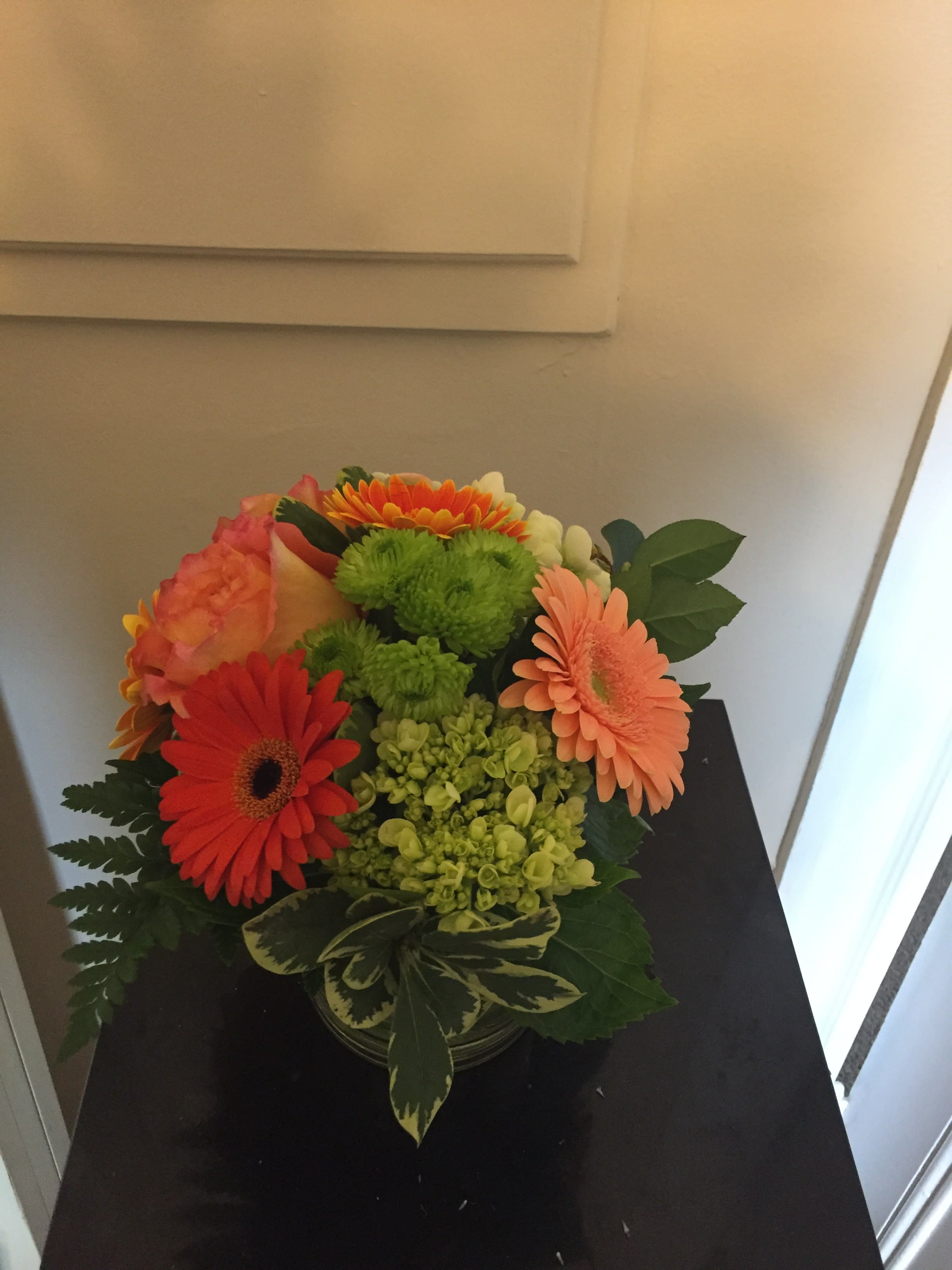 sun beam - orange garden roses, mini gerbera daisies, green mini hydrangea