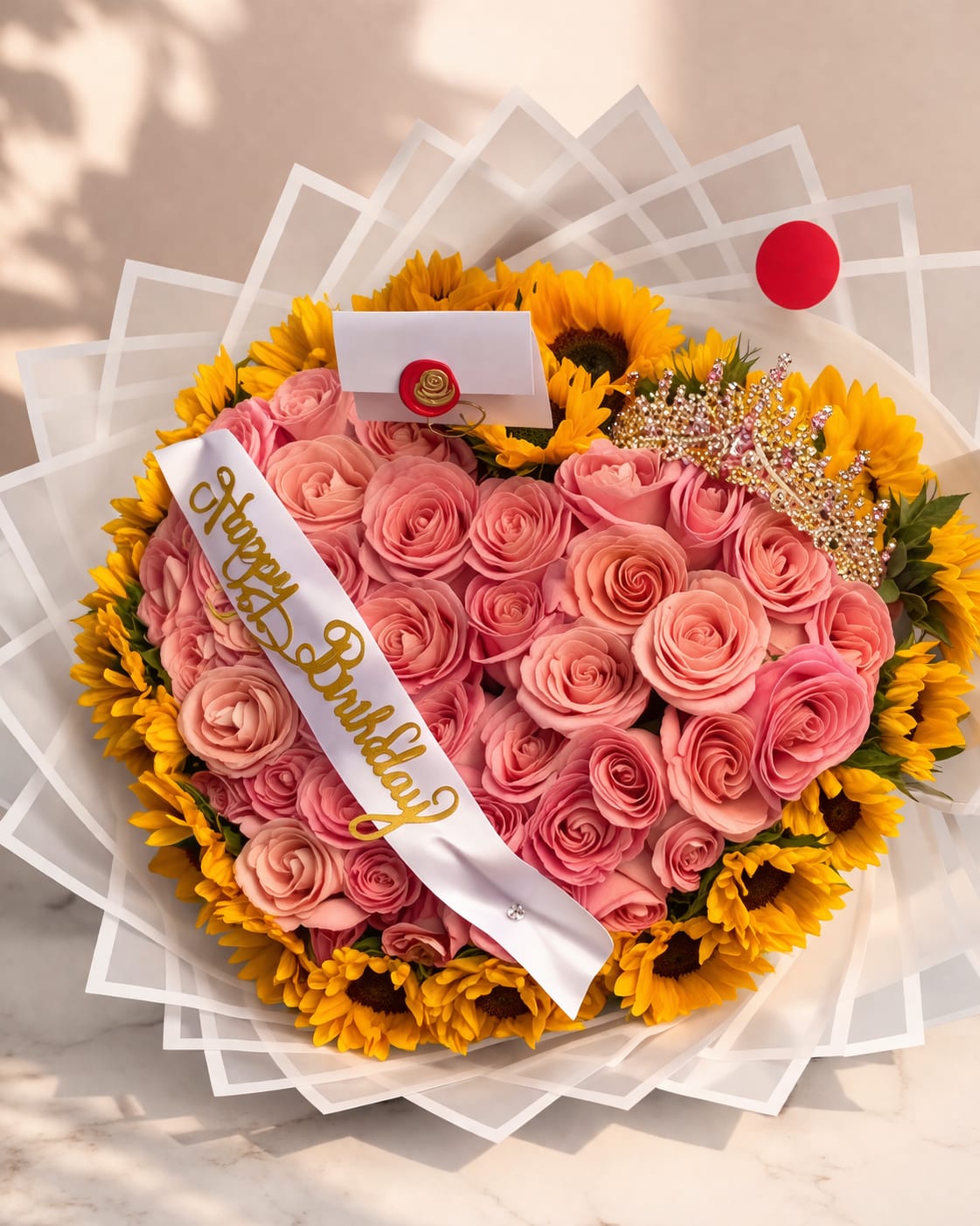 Heart Sunshine  - A heart made of natural roses, framed by a border of beautiful sunflowers. It includes a gold-colored metal crown with pink accents—a true work of art, created for those moments when you want to let them know just how much you love them.