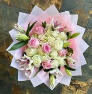 Cheers - This beautiful combination of hydrangeas, with pink and white roses with lilies around will make anyone fall in love with them. This bouquet is good for birthdays,  Mother's day, anniversary, proposal, national girlfriend day, wedding, quinceañeras and any special occasion.