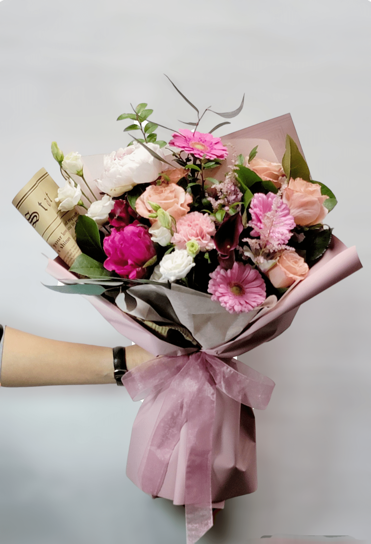 Pink Bouquet  - Peony. Gerbera. Roses. Lisianthus.  Green