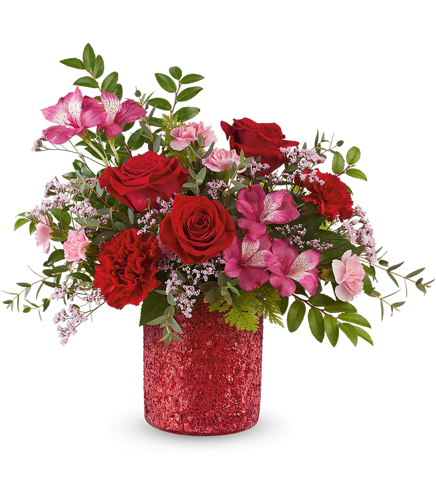 Red and pink mixed flower arrangement in a glittery red vase