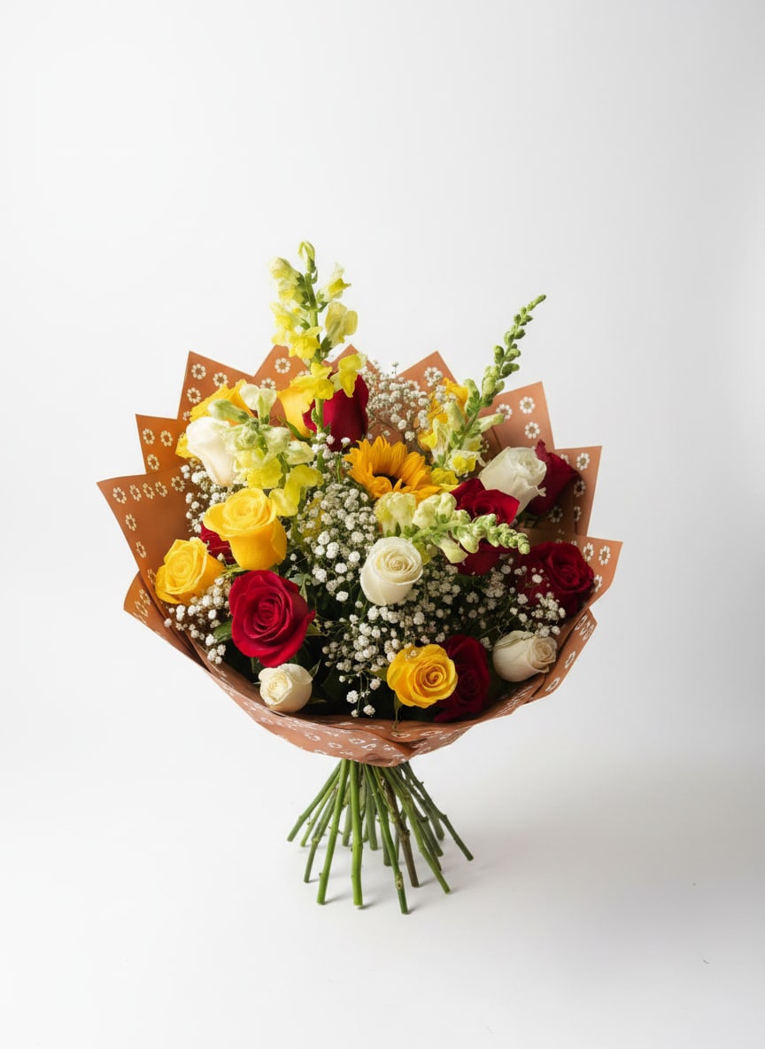 Golden Embrce Bouquet - Delicate touches of baby’s breath and fresh greenery added to create a soft, airy feel, while our wrap gives it a heartfelt, handcrafted finish. Every stem is thoughtfully arranged to symbolize love and appreciation.   Perfect for Mother’s Day, Golden Embrace is more than flowers; it’s a moment, a memory, and a reminder that her love continues to help your soul bloom.