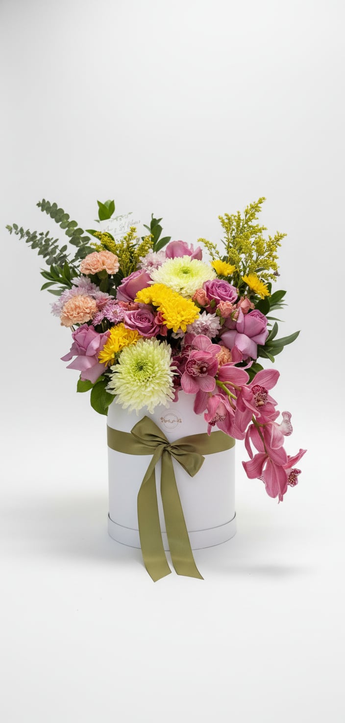 Orchid Elegance - A graceful and refined arrangement featuring a striking orchid stem paired with rich purple roses, soft carnations, and textured chrysanthemums. Amethyst Orchid Elegance blends depth and delicacy, creating a sophisticated display with a touch of modern charm.