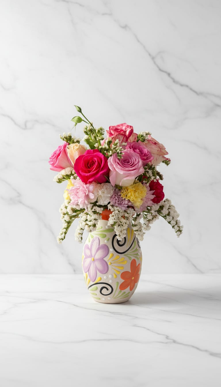 Rosas de Barro - A charming pink arrangement designed in a traditional Mexican barro vase, Rosa de Barro blends soft, romantic blooms with rich cultural warmth. Featuring layers of blush and rosy tones, this piece feels both delicate and grounded.