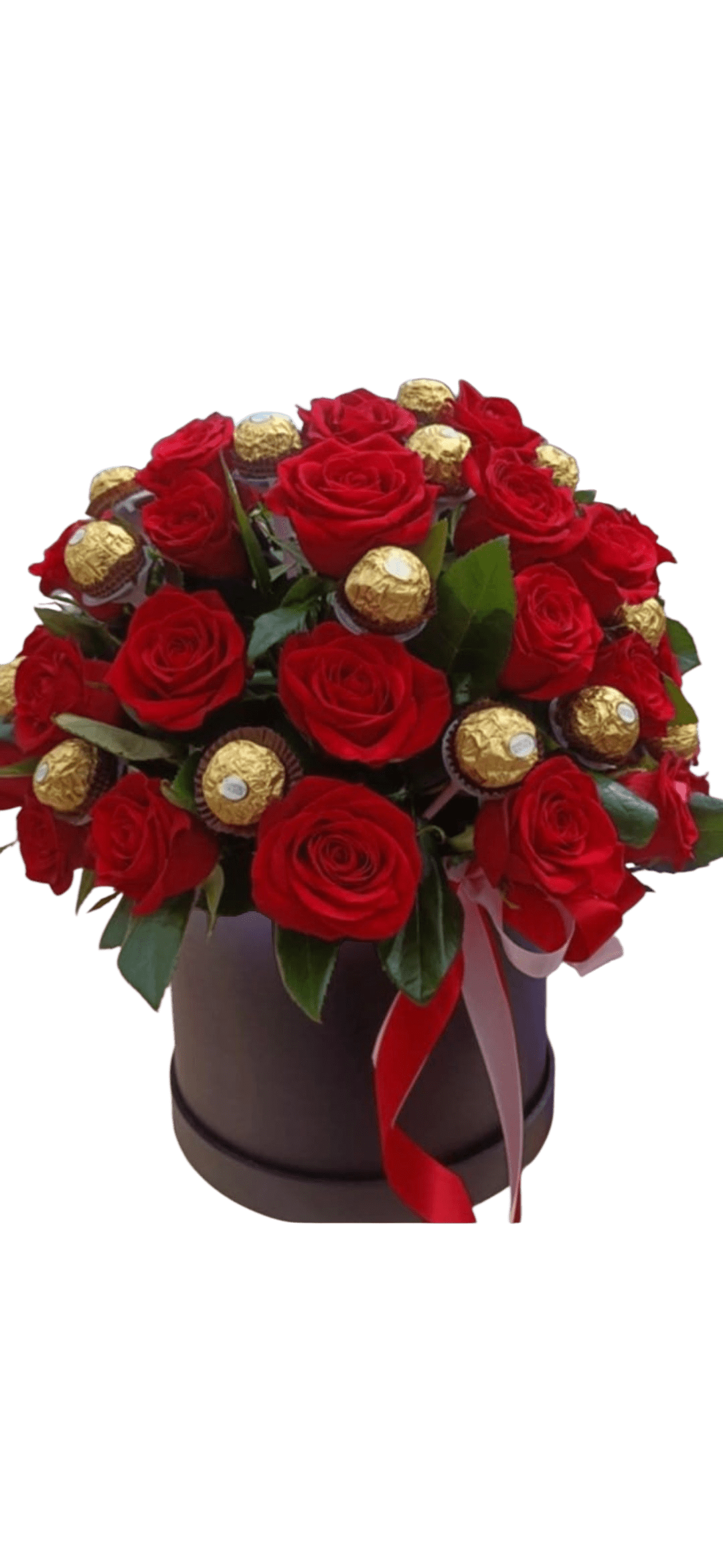 "Ruby Decadence" - "Exquisite and bold, the Golden Crimson Romance is a masterpiece of sensory delight. This signature black box features a lush dome of premium deep-red roses, artfully accented with iconic golden-wrapped hazelnut chocolates. Whether you are celebrating a milestone anniversary or a grand romantic gesture, this arrangement delivers a message of luxury, love, and impeccable taste."
