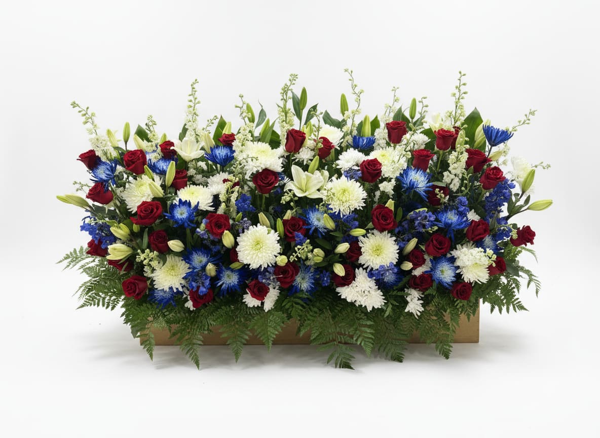 Stars &amp; Grace Altar Tribute - A striking red, white, and blue altar arrangement featuring elegant snapdragons, classic roses, graceful lilies, and full chrysanthemums. Stars &amp; Grace Altar Tribute blends height, texture, and rich patriotic tones to create a dignified and uplifting display.