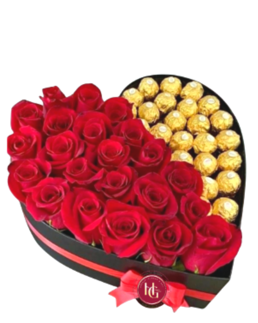 "Luxury Red &amp; Gold Heart" - "Speak the language of luxury with Heart’s Desire. This stunning heart-shaped signature box is meticulously divided into two worlds: a lush garden of deep-red velvet roses and a treasure trove of golden-wrapped hazelnut chocolates. Finished with a satin red ribbon and the Hopes Gallery seal of excellence, it is more than a gift—it is a grand declaration of love."