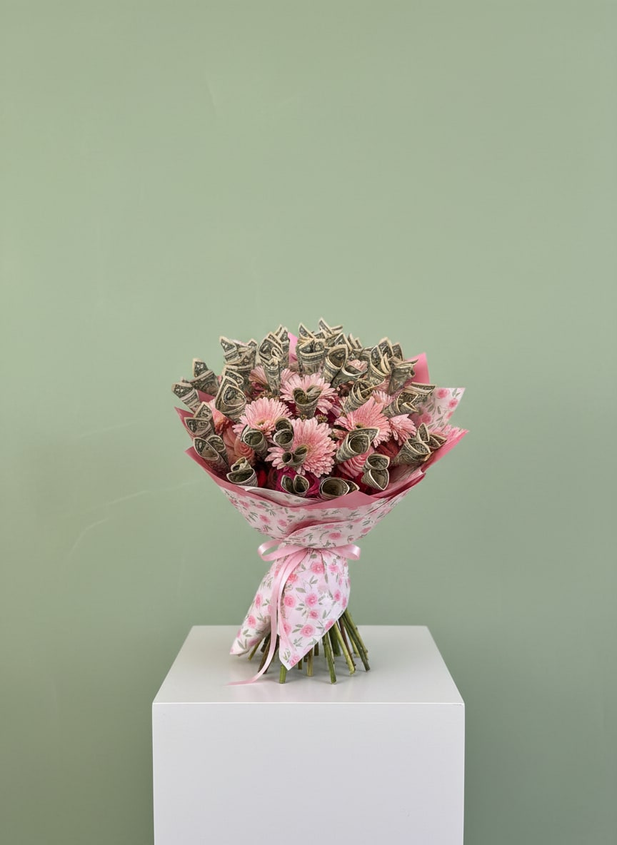 Pink Money - Pink Money features 50 pink roses, gerbera daisies, and $40 worth of money cones. Perfect for any gift to celebrate a loved one's accomplishment. 