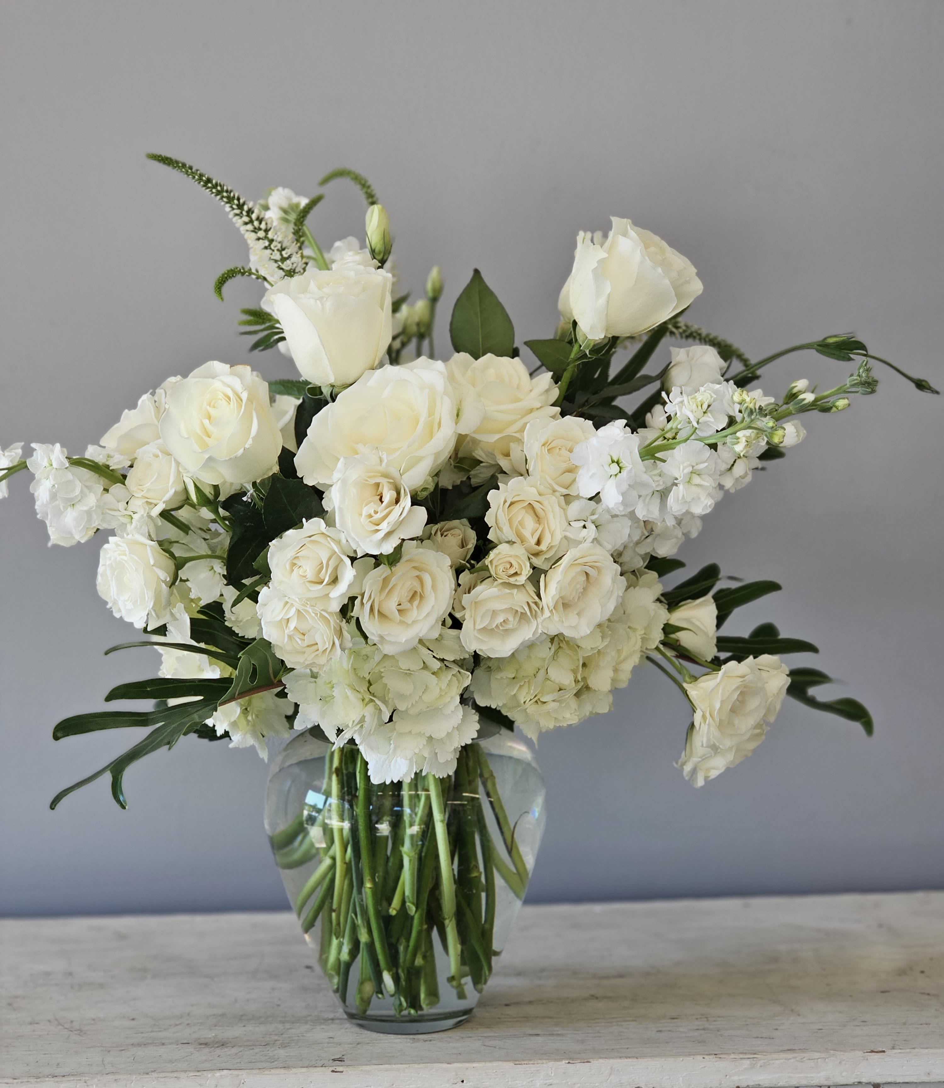 Chantilly - Beautiful modern vase of all white flowers including roses