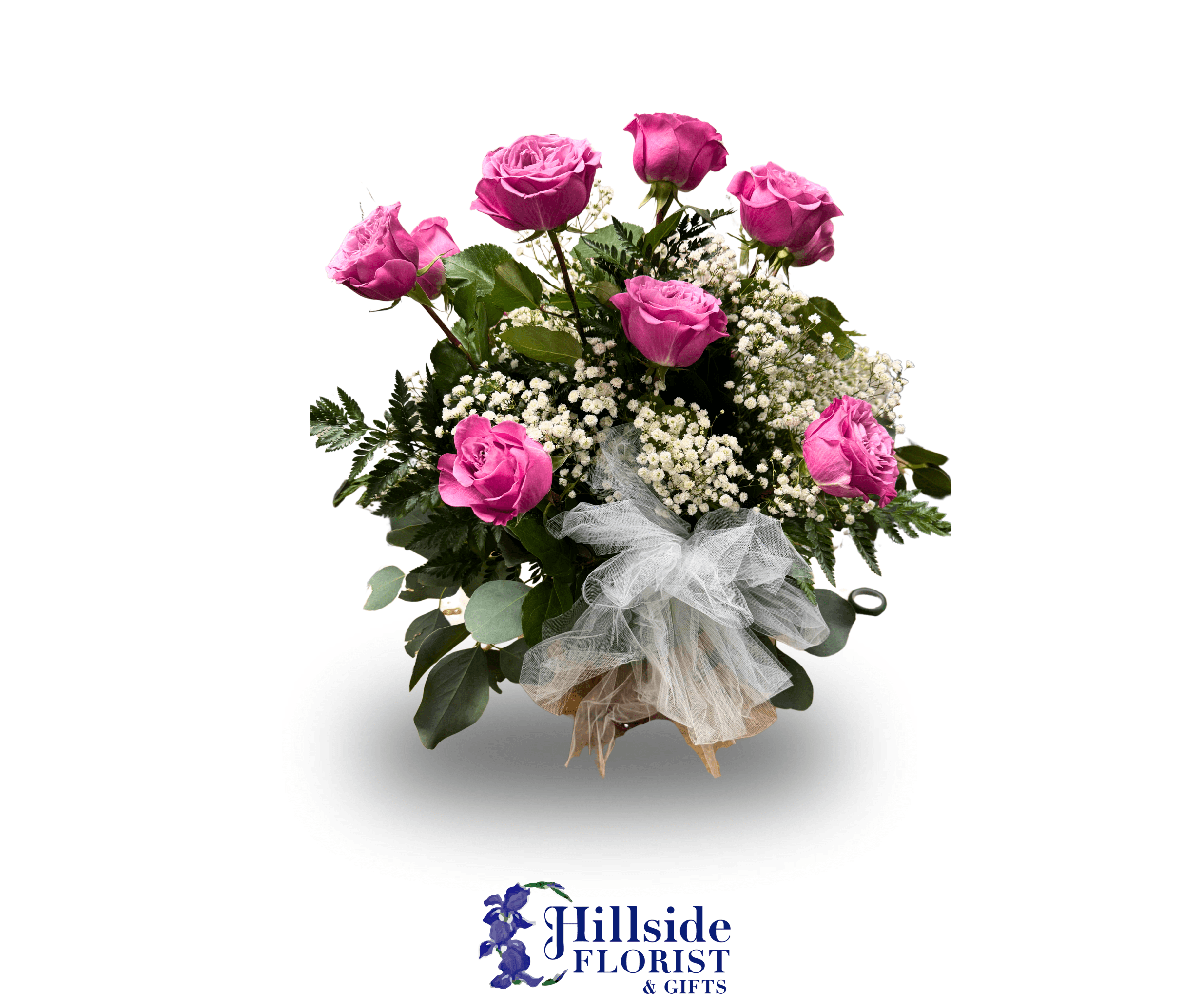 Pink roses with baby's breath and a tulle bow