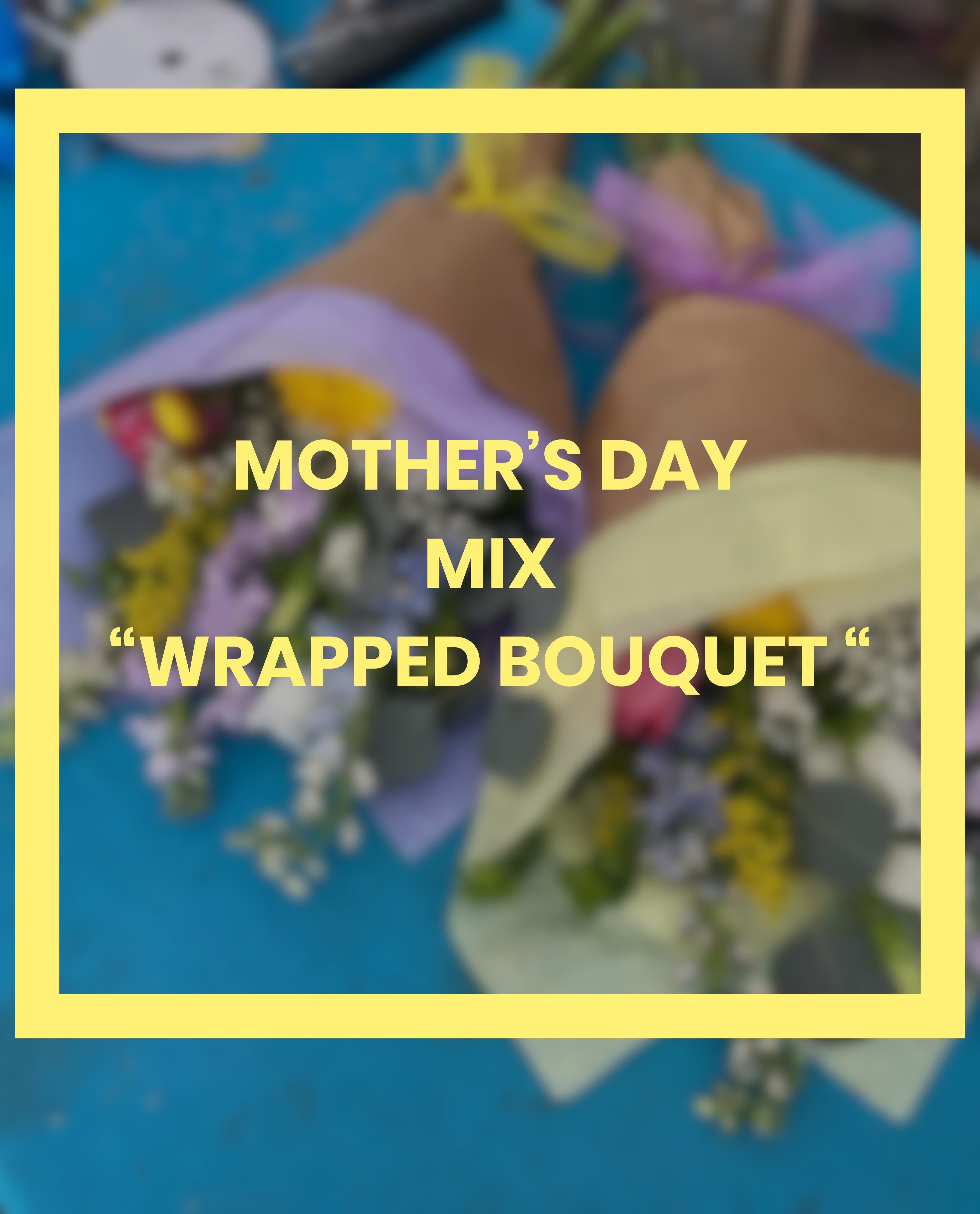 Colorful mixed flower bouquets wrapped in pastel paper on a blue surface with text overlay.