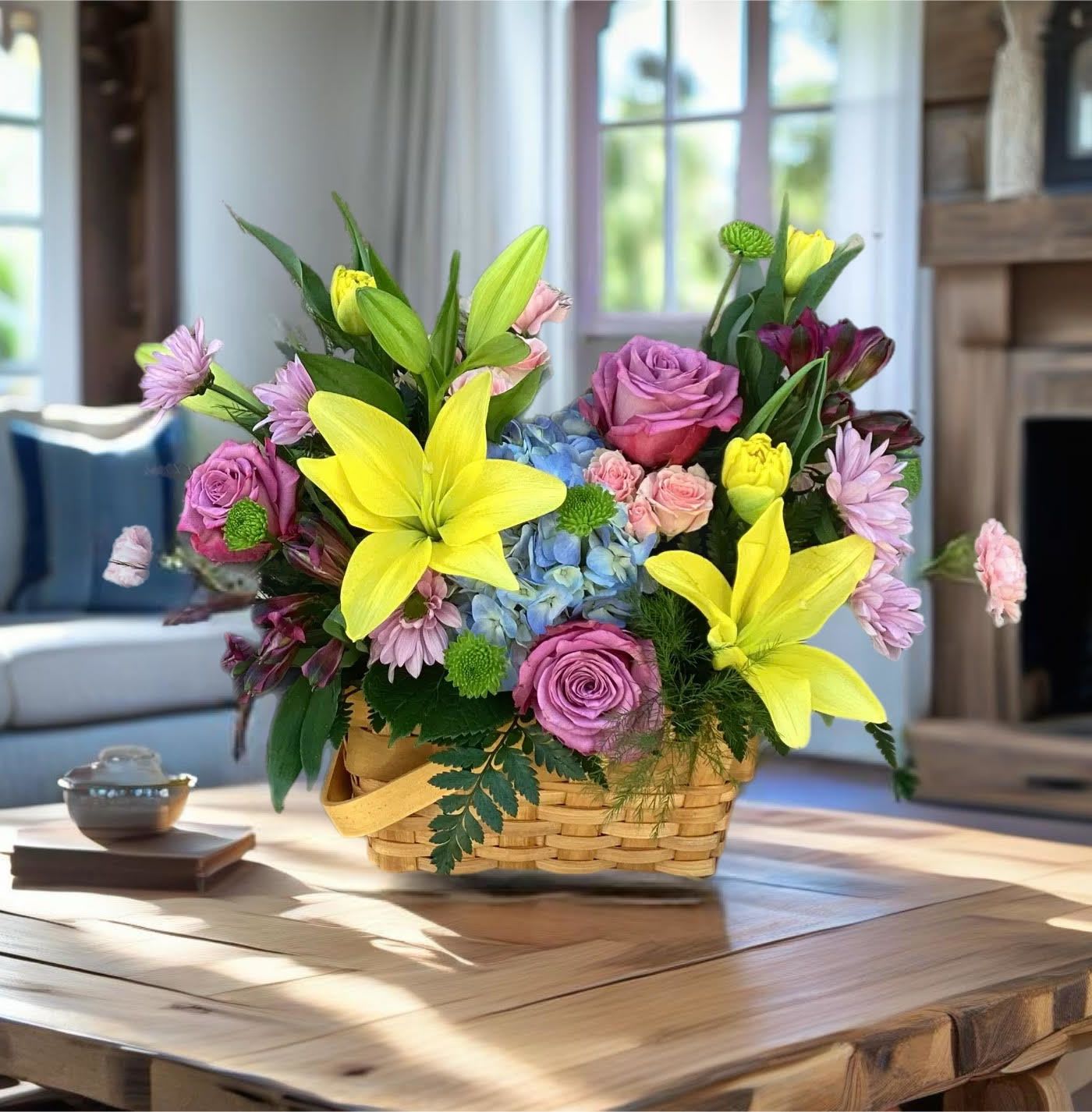Basket arrangement with yellow lilies, pink roses, and blue hydrangeas