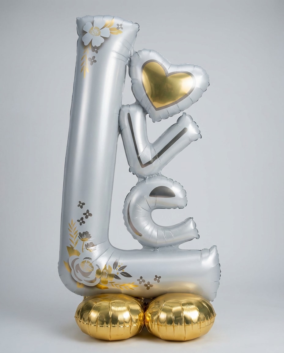 AirLoonz Silver &amp; Gold Love Balloon – 58-Inch Stunning Decoration for Romantic Occasions - This free-standing "Love" balloon decoration features precious flower details and a base of gold balloons. Inflate the components with an air balloon pump (sold separately) — no helium required!  AirLoonz Silver &amp; Gold Love Balloon product details:  29in wide x 58in tall Self-sealing Reusable Includes elastic band Inflation and assembly required Not for use with helium, will not float