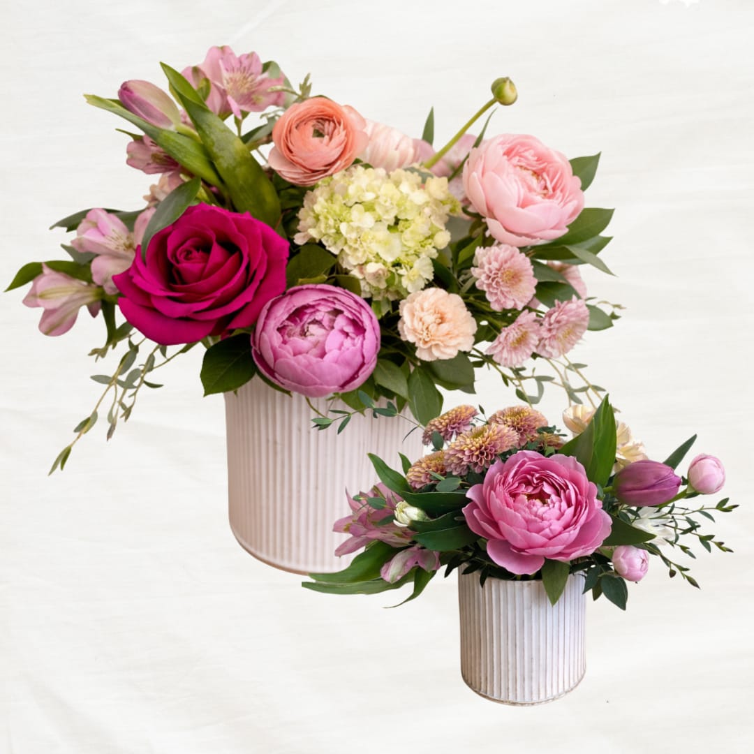 Mommy + Me Set - A sweet pairing designed to be shared. The Mommy &amp; Me Set includes our full, garden-style Mother’s Garden arrangement for Mom, paired with the smaller Petite Posy Tin—perfect for a daughter, or as a thoughtful little gift a child can give to Mom.  Both are designed with soft, seasonal blooms and natural greenery, carrying that same gathered-from-the-garden feel in two different sizes.  Save $8 when purchased together in this listing. $95