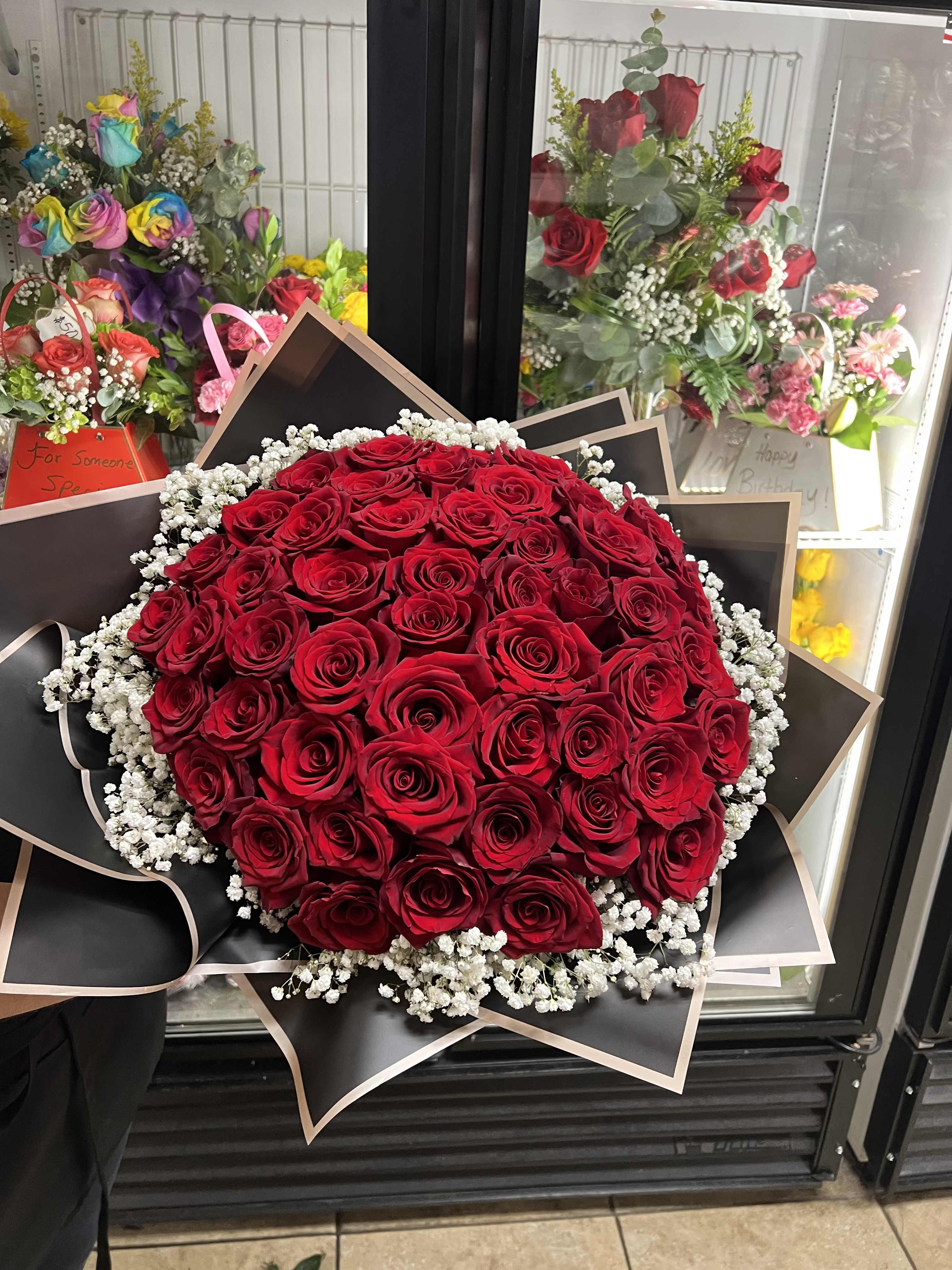 My Queen Bouquet - 50 red long stem roses, babys breath