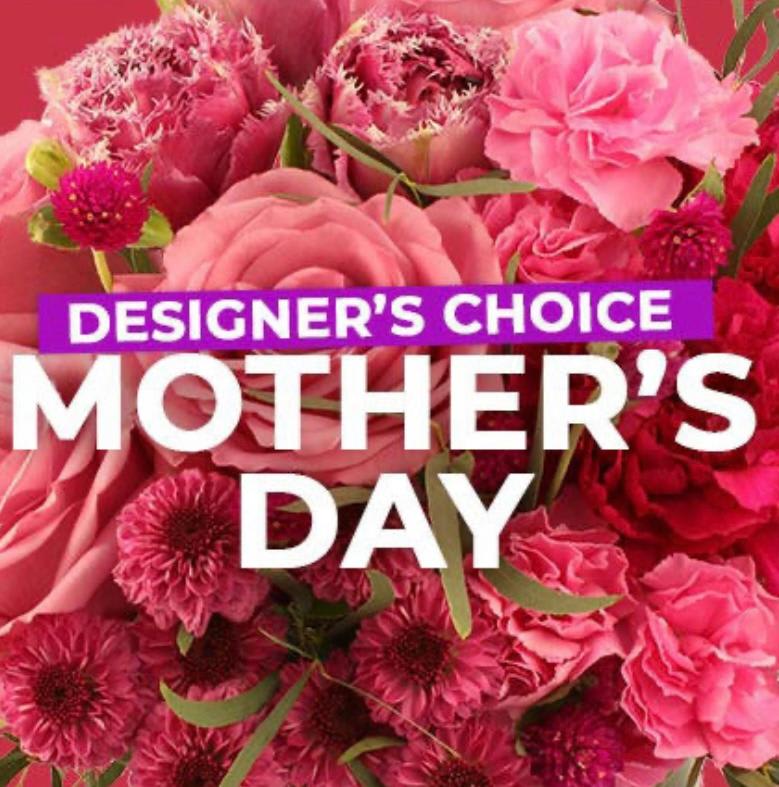 Pink floral arrangement with large text reading Mother's Day