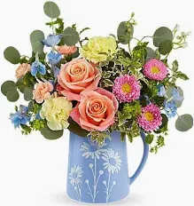 DAISY DREAMS BY TELEFLORA - BEAUTIFUL BLUE PITCHER COVERED WITH DAISIES AND PERFECT ADDITION TO YOUR SPRING DECOR