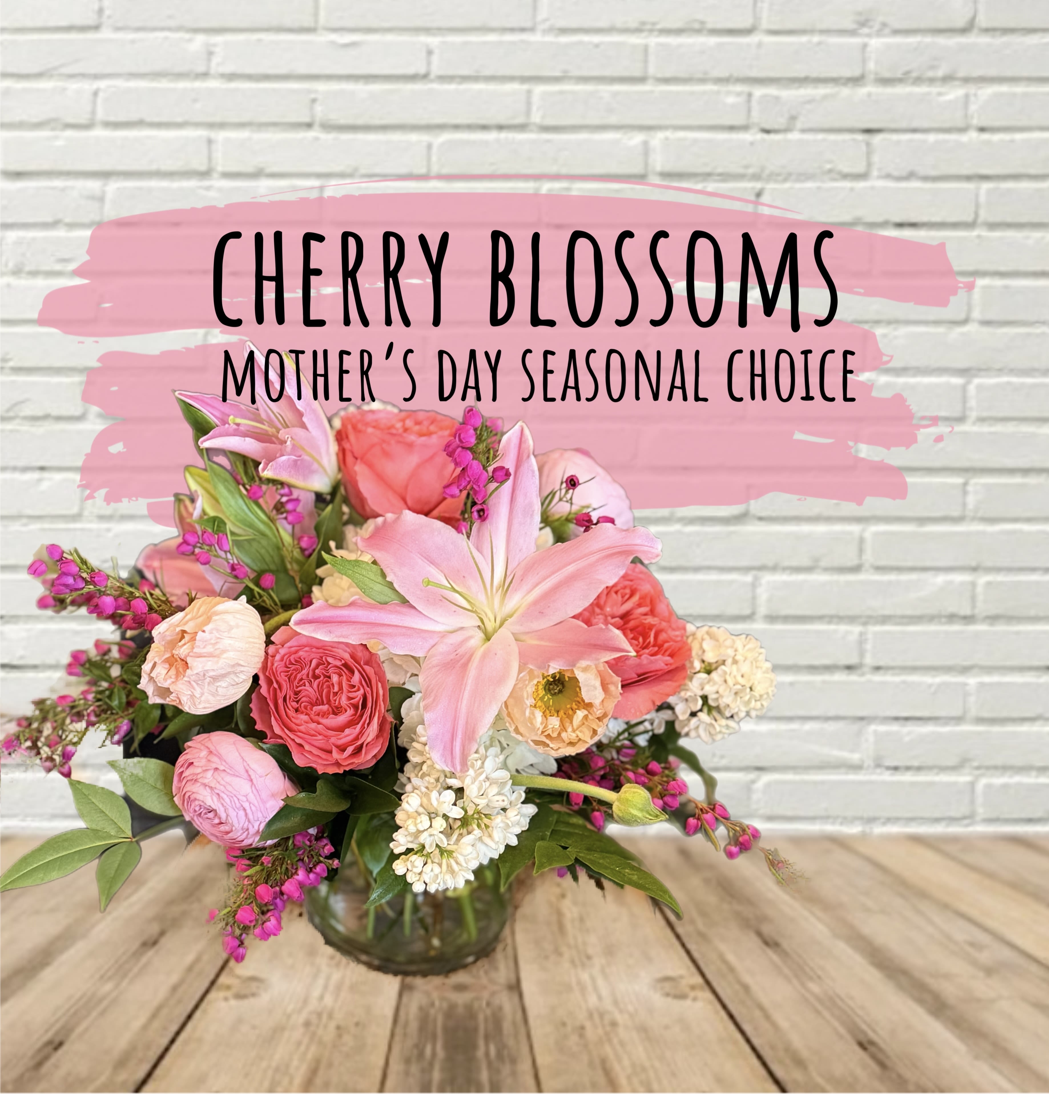 Cherry Blossoms - Mother's Day Seasonal Select - Pink &amp; whites are the focal in the arrangement and the local blooms pull inspiration from our own PNW cherry blossom trees!