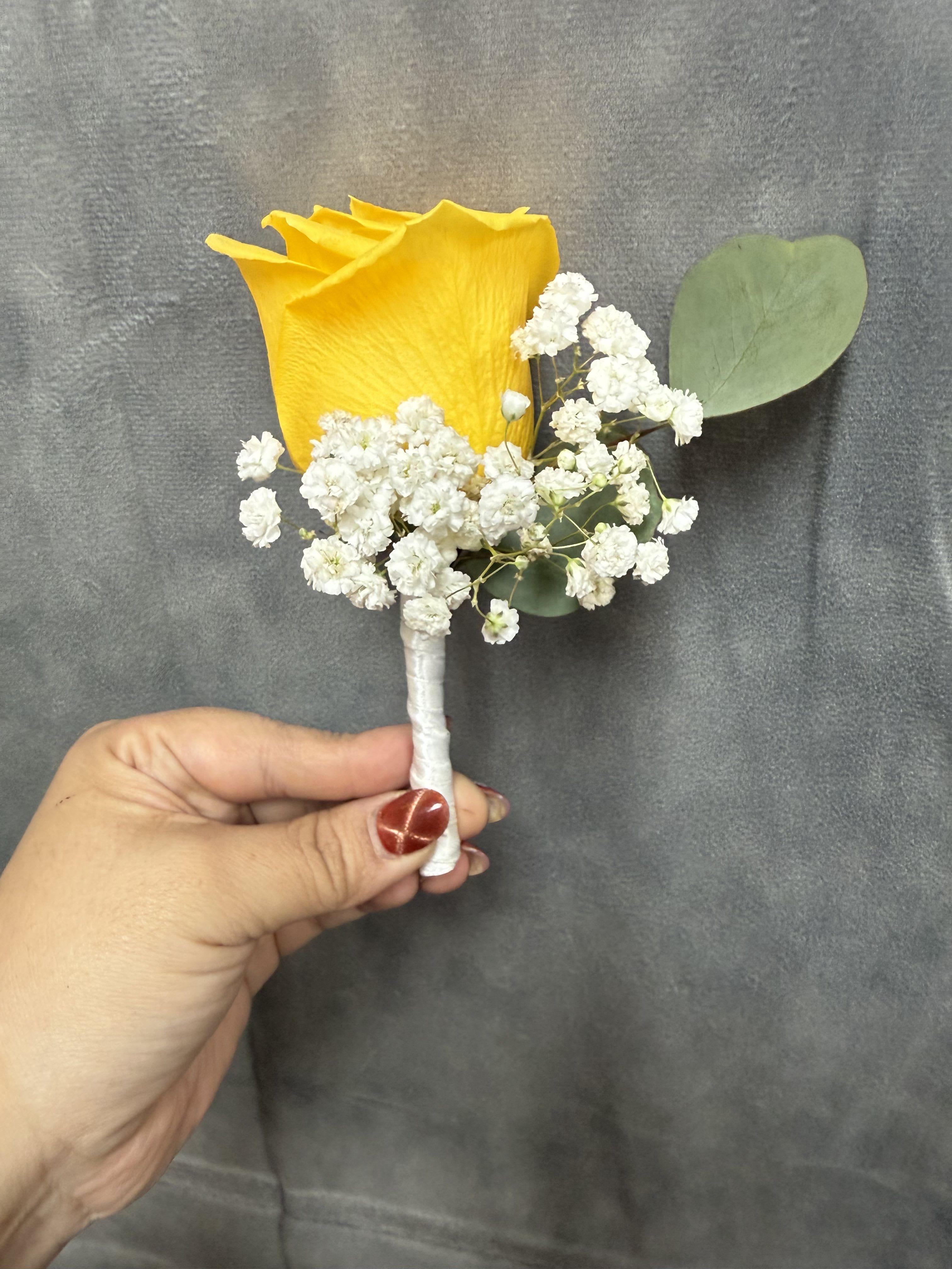Yellow boutonnière  - Bright yellow rose with white filler and greenery ;beautifully hand-wrapped boutonnière