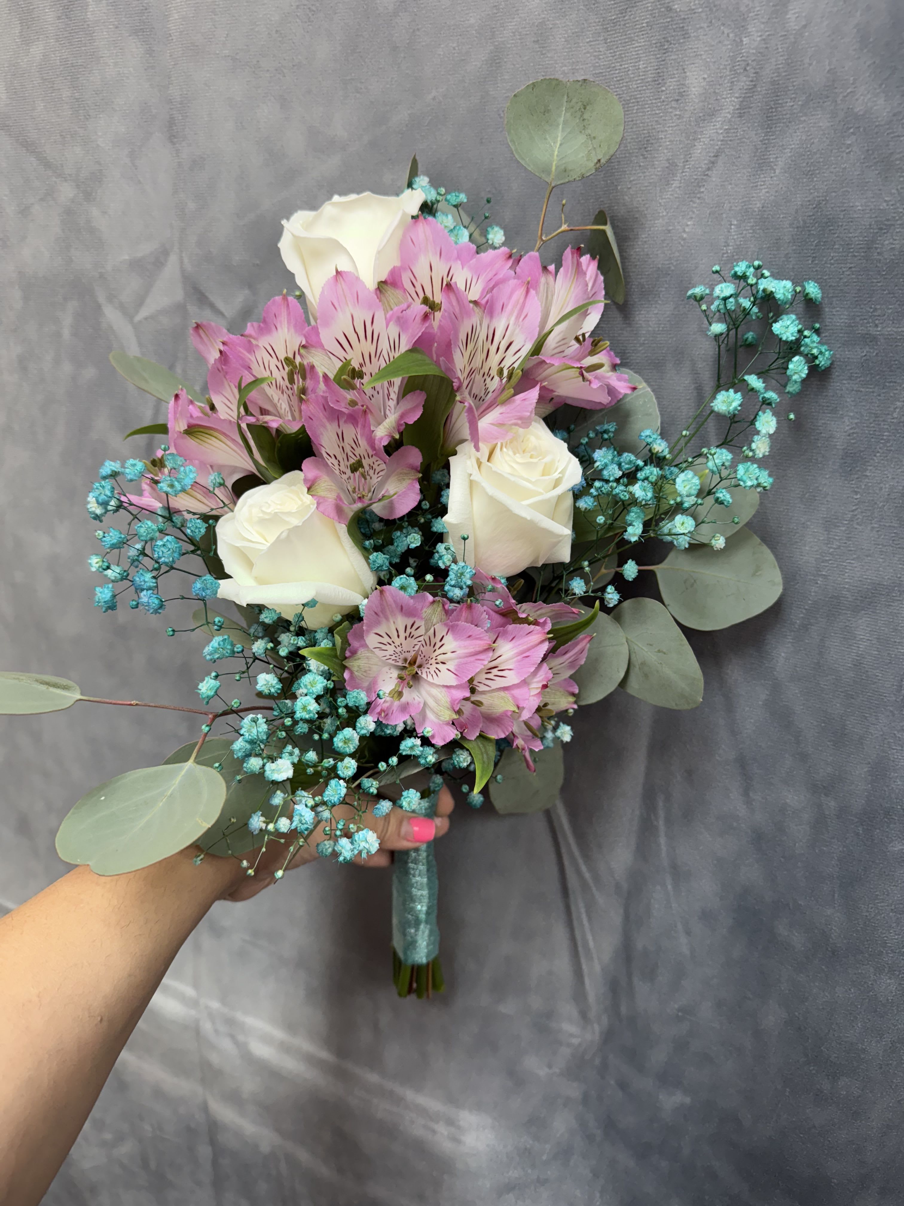 Blush Eclat prom bouquet  - Pink alstroemeria and white roses with bright aqua baby's breath and eucalyptus, hand-tied beautifully wrapped perfect for prom