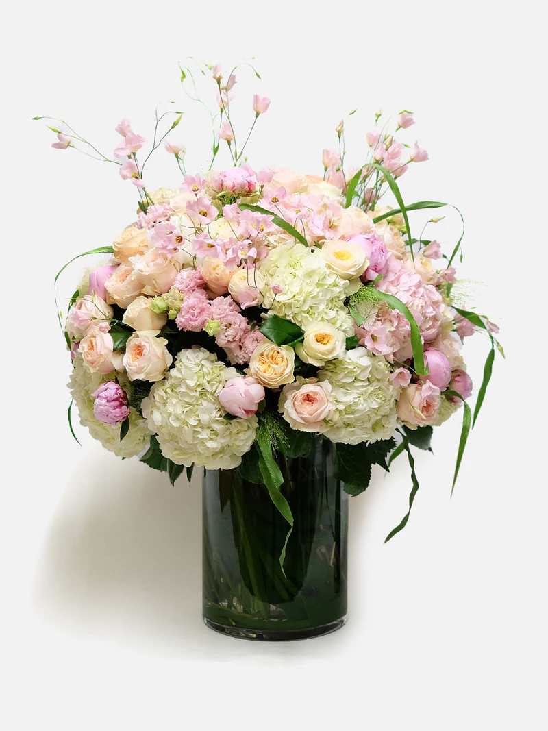 delicate beauty arrangement - Exuding romance and delicate beauty, this arrangement is a phenomenal showcase of richness with hydrangeas, roses, peonies, and lisianthus harmoniously blended in a burst of love. Truly something extraordinary and special.
