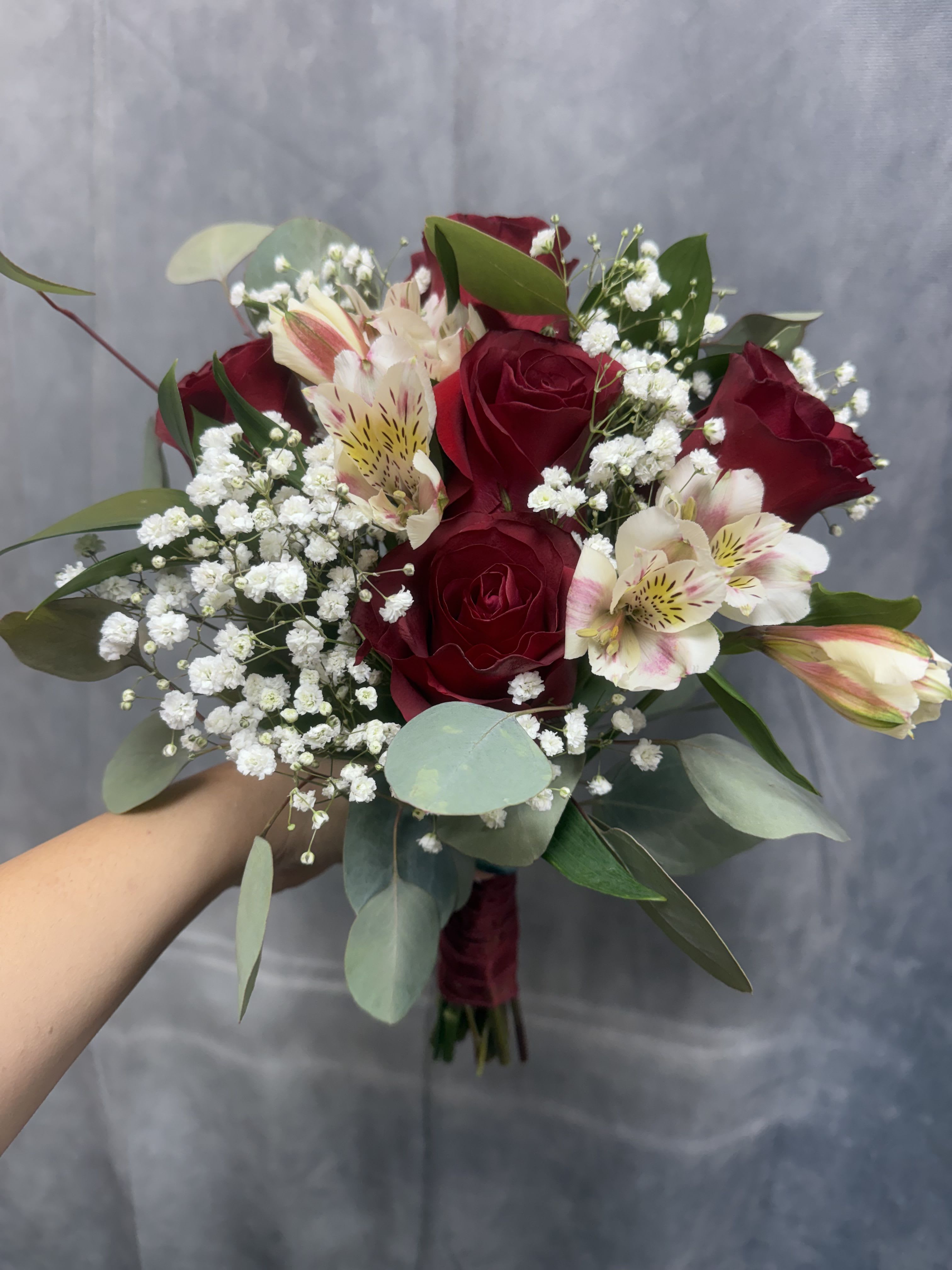 Red and white mix prom bouquet  - Red roses and white alstroemeria with eucalyptus and baby's breath, tied with ribbon perfect for prom