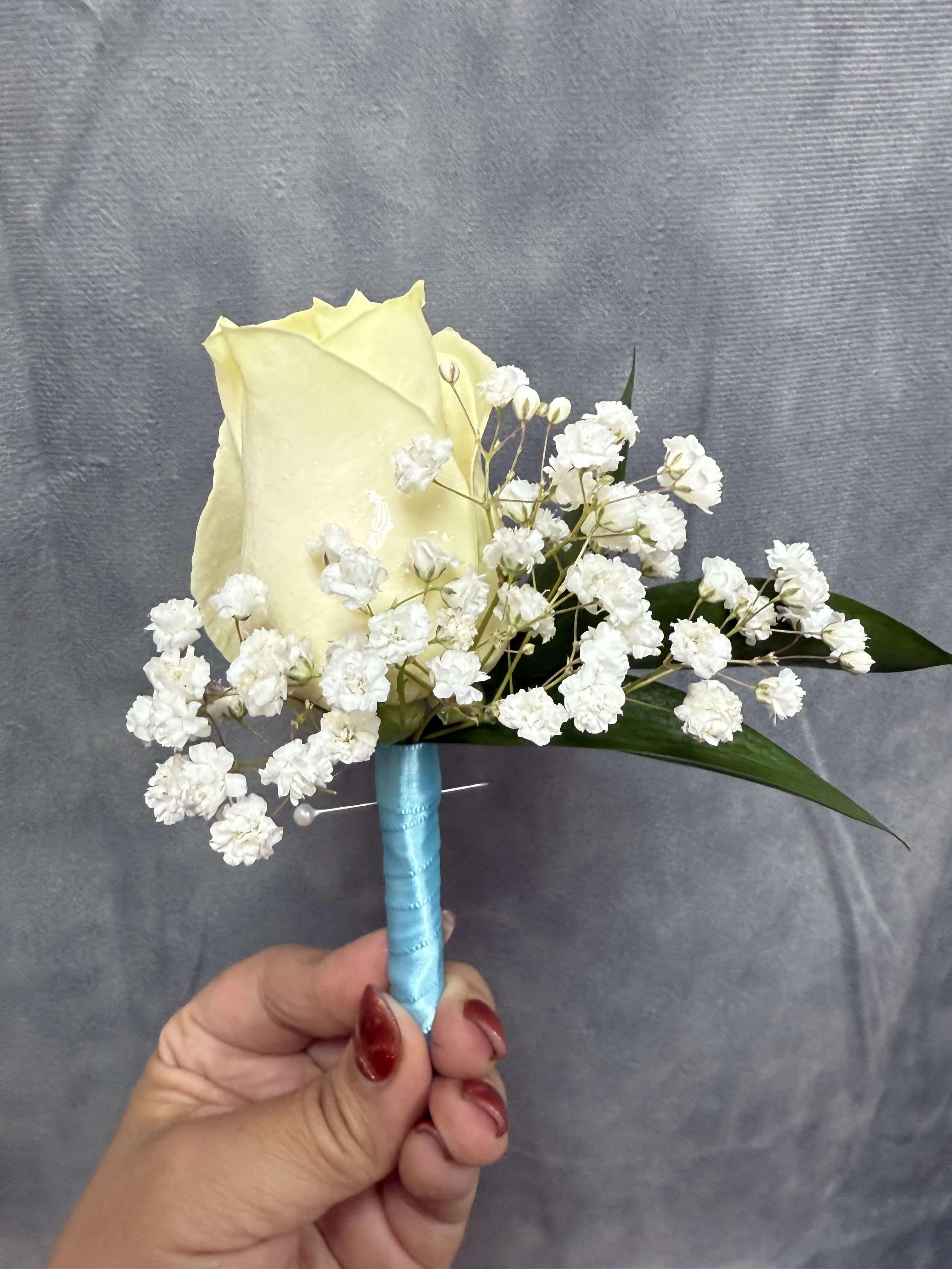 White turquoise boutonnière  - White  rose with white baby's breath, turquoise blue ribbon wrap