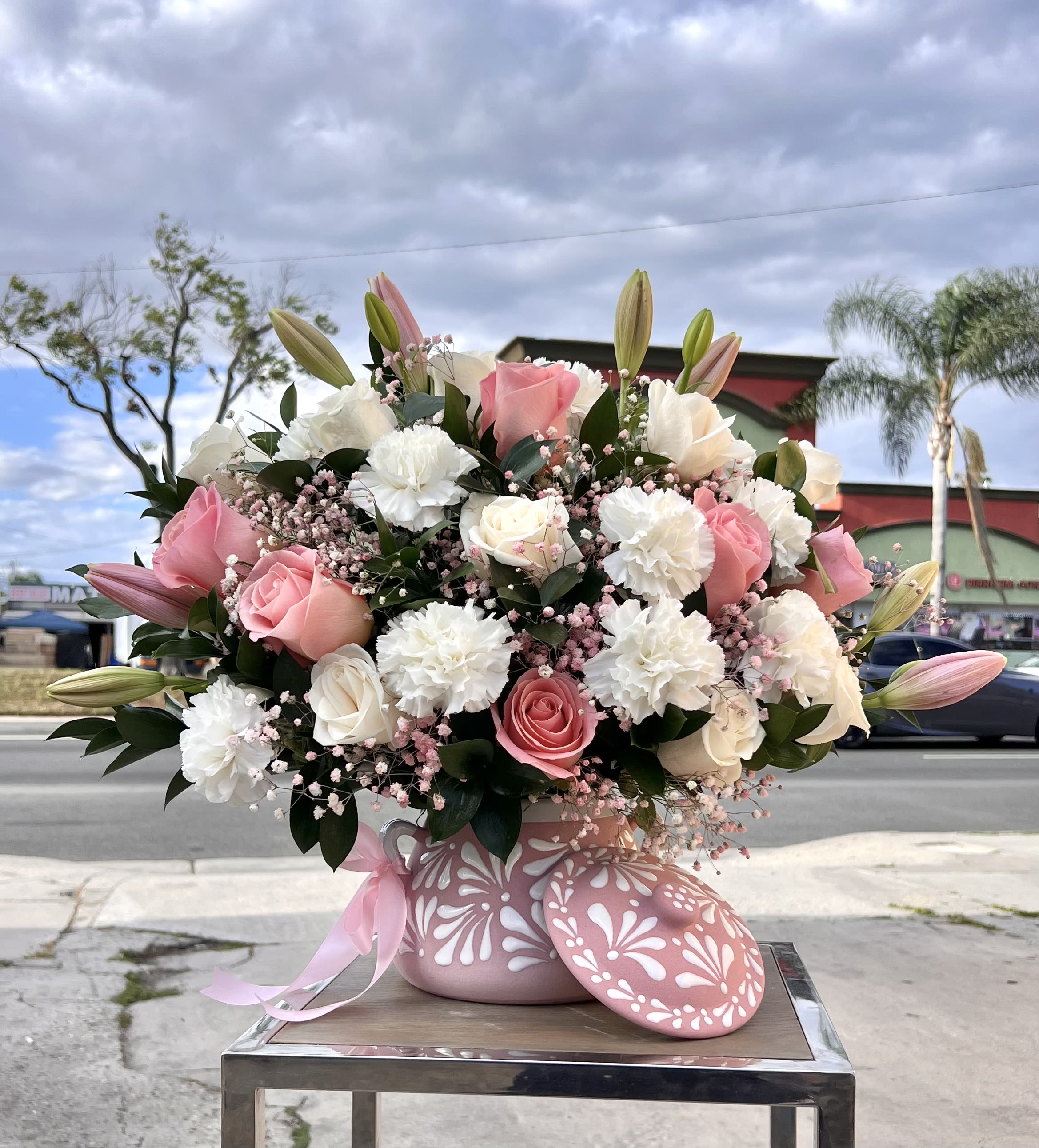 Love In Full Bloom - Pink &amp; White Roses And White Carnations  - A stunning blend of Pink roses and soft white blooms, perfect for a heartfelt and unforgettable gift.