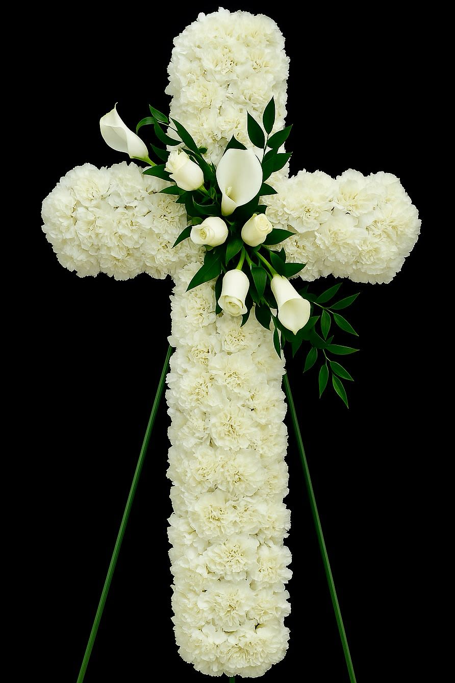 White Devotion Cross - A timeless and elegant cross arrangement composed of lush white carnations, symbolizing pure love and remembrance. Accented with graceful white calla lilies and fresh greenery, this design offers a peaceful and heartfelt tribute, expressing faith, serenity, and everlasting devotion.