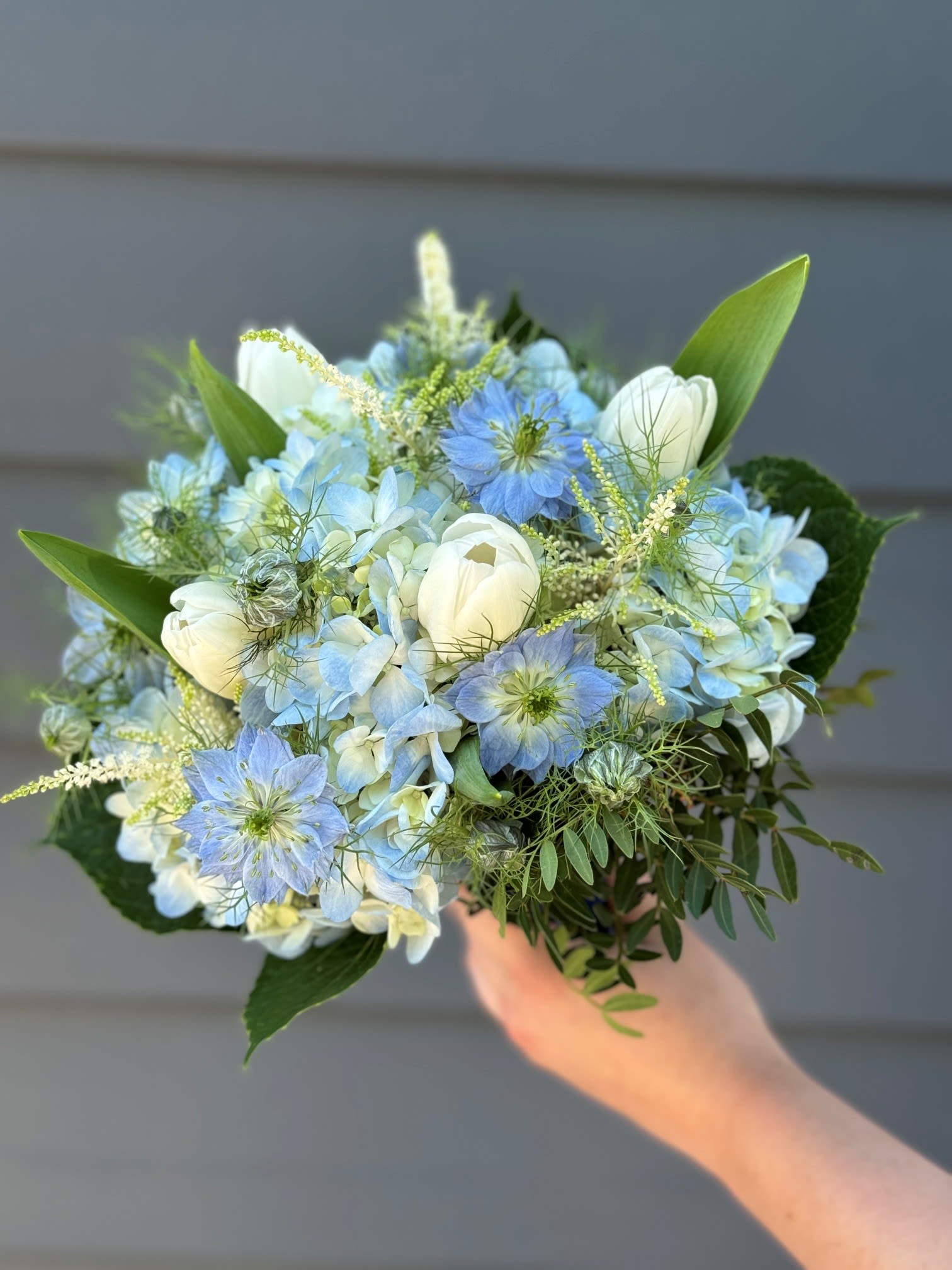 Custom hand-tied bouquet - Custom hand-tied bouquet will be designed to your color requests. Please add colors and all special requests in note section upon checkout. Certain floral items may require additional funds and an associate will contact you if needed. ***Please note the picture just reflects the style of bouquet, not the colors or types of flowers you will receive. 