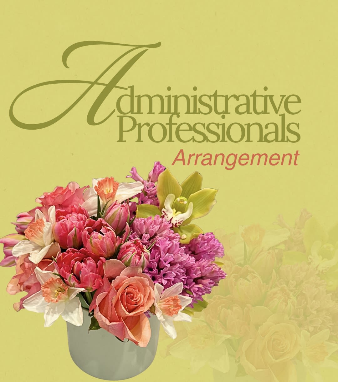 Administrative Professional  - A lively cluster of pink and peach roses and tulips with purple accents makes a bright, professional thank-you gift that celebrates Administrative Professionals' Week or any moment you want to say "thank you." This spring-inspired arrangement pairs layered rose forms, tulip-like buds, hyacinth texture and delicate orchids with cheerful daffodils so the person you're honoring feels noticed and appreciated.  Arranged in a smooth gray ceramic vase, the bouquet reads full and rounded with smaller white and peach filler blooms knitting the colors together for a polished, upbeat presentation. The mix of soft petals and crisp spring hues creates both texture and visual lift-perfect for an office desk, reception area, or home entryway.  Ideal for expressing gratitude to an assistant, coordinator, or office manager, this composition looks fresh for several days with basic care: keep water topped up, trim stems slightly when refreshing the vase, and place away from direct heat. Available in a single standard size designed to make a confident, professional statement.