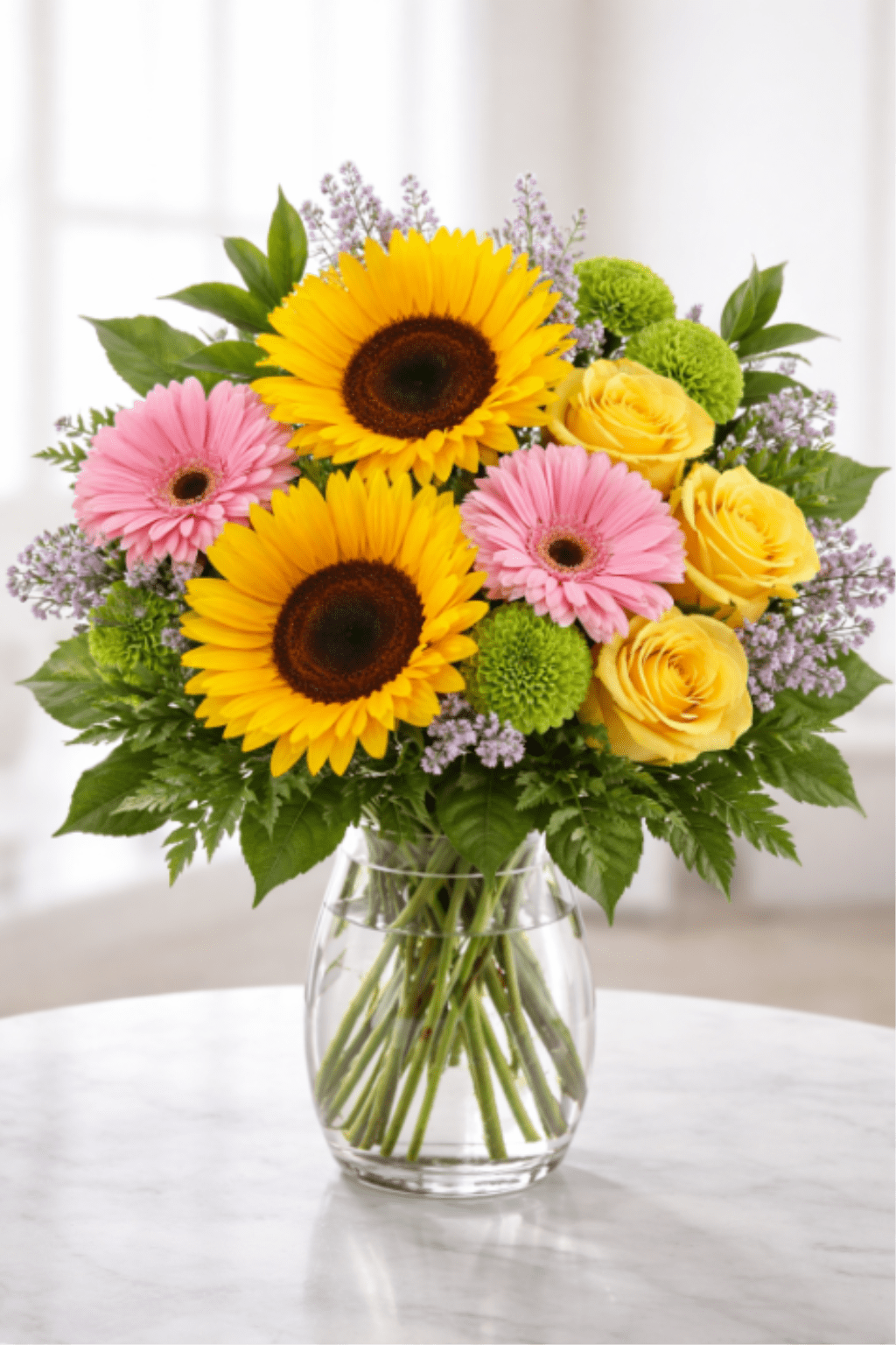 Mother’s caresses - Two radiant sunflowers take center stage in this bright, cheerful flower arrangement-perfect as a Mother's Day bouquet or a just-because surprise that makes someone feel truly seen. The blend of yellow roses and pink gerbera daisies brings warmth and playful charm, while soft lavender filler and green pompon blooms add gentle contrast and texture for a lively, uplifting look the recipient will notice at first sight.  Arranged in a simple clear glass vase, the design reads fresh and airy with a rounded, balanced silhouette that suits birthdays, thank-you gestures, spring celebrations, or a get-well pick-me-up. The combination of bold yellow, warm pink, soft purple, and crisp green creates an optimistic palette that sends a heartfelt "thinking of you" or "congratulations" without saying a word. Ideal for Mom, a friend, or anyone who could use a sunny lift-ship ready and easy to care for with fresh water changes to keep blooms vibrant.