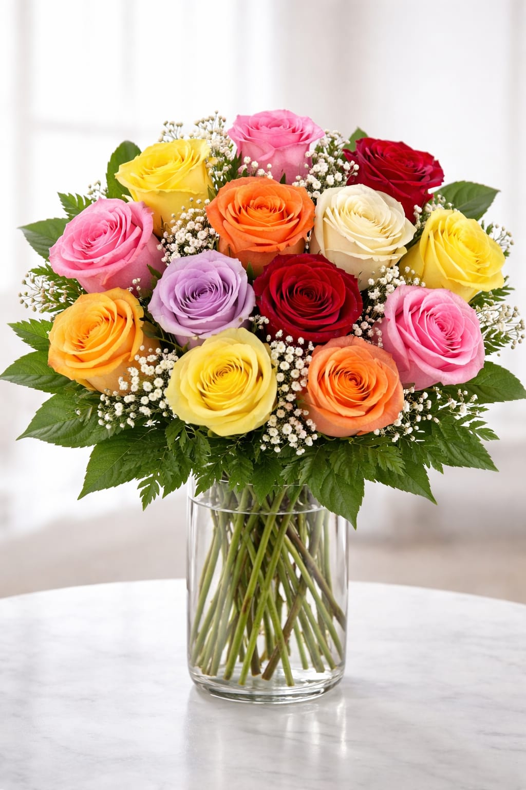 Mom’s cuddles - A rounded cascade of mixed-color roses-bright pinks, sunny yellows, passionate reds, warm oranges, soft cream and lavender-creates an immediate sense of joy and comfort in this flower arrangement. Perfect as a birthday bouquet, an anniversary surprise, or a thank-you gift, Mom's cuddles reads as an affectionate, celebratory embrace that makes the person you're thinking of feel warmly seen and appreciated.  Densely gathered roses form a plush, dome-shaped bouquet punctuated with small white filler flowers and broad green foliage at the base for contrast and texture. Finished in a clear glass vase that showcases the long stems, the presentation feels fresh and classic-easy to place on a kitchen table, bedside, or office desk. The mix of colors and the soft scent of roses make this arrangement lively without overwhelming, suitable for everyday gifting or special moments.  Thoughtful for moms, friends, or anyone who deserves a bright lift, this arrangement sends a message of warmth and gratitude. Available in the pictured rounded style with long-stemmed roses and a clear vase; for care, keep in fresh water, trim stems if needed, and place away from direct heat to prolong blooms.