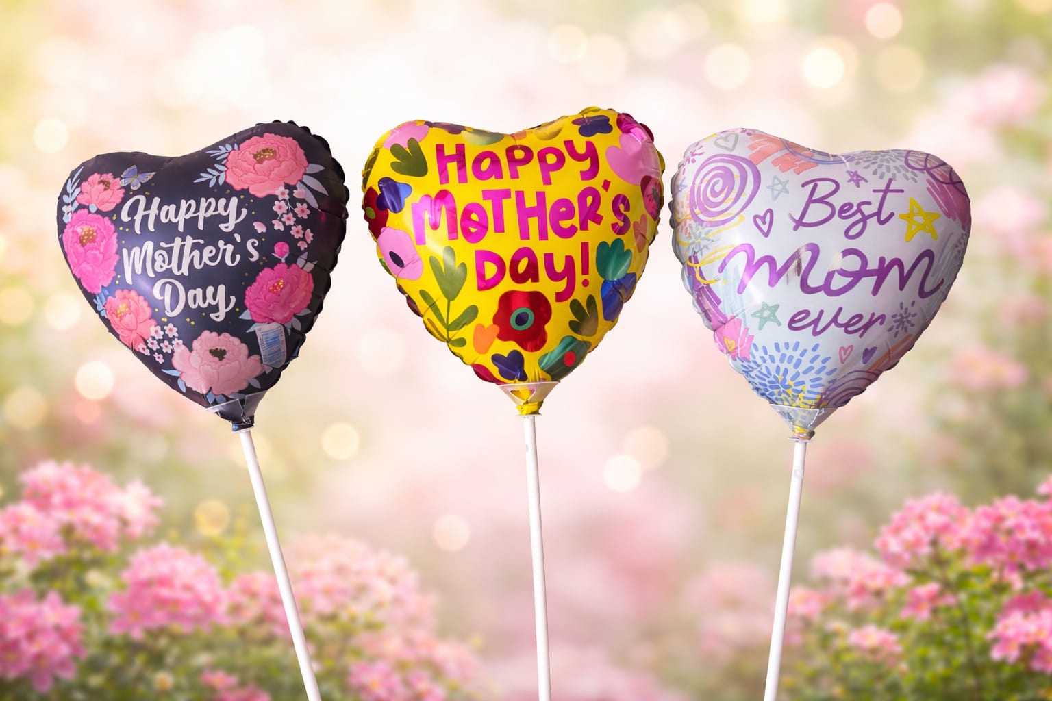 Balloons  - Three heart-shaped foil balloons in playful pink, purple, yellow and white make an instant, cheerful Mother's Day gift that reads like a warm, celebratory hug. Designed as a Mother's Day bouquet alternative, this balloon trio features floral prints and messages-one black-and-pink floral heart, one bright yellow with colorful blooms, and a white-and-lavender "Best Mom ever" heart-so the person you're celebrating will feel seen and appreciated the moment the gift arrives.  These balloons are mounted on clear plastic sticks for easy display in a vase or gift basket and arrive ready to place on a tabletop, countertop, or at the center of a family celebration. Lightweight and bright, they pair beautifully with fresh flowers or stand alone as a long-lasting keepsake; no helium required. Perfect for Mother's Day, a mom's birthday, or any family appreciation moment, they're an effortless way to make her feel loved and celebrated.