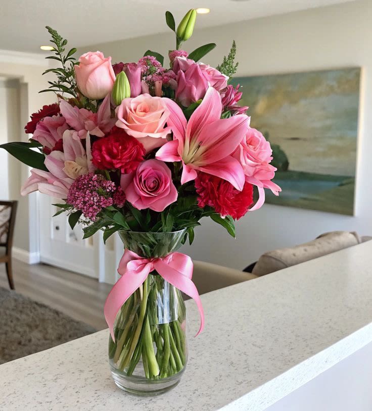 She is lucky  - A lush, rounded bouquet of pink roses and lilies mixed with carnations and alstroemeria-this flower arrangement speaks celebration. Perfect as a birthday bouquet, anniversary flowers, or a Mother's Day gift, it blends soft pinks with vivid rose tones and a few red accents so the person you're thinking of feels cherished and admired from the moment they see it.  The bouquet is gathered full and compact in a clear glass vase, accented with a satin pink ribbon for a polished, feminine finish. Expect fragrant lilies, velvety roses, ruffled carnations, and delicate alstroemeria set among green foliage for texture and contrast; the palette of pink, red, white, and green creates a rich, romantic look that reads both classic and joyful.  Designed to make someone feel truly celebrated, this arrangement works beautifully for moms, partners, or close friends who appreciate romantic, feminine floral styling. Vase-arranged for immediate display, it arrives ready to enjoy-keep flowers in fresh water, trim stems every few days, and place away from direct heat to extend their life.