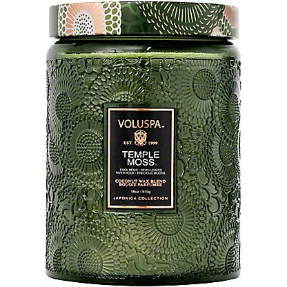 Volspa Large Jar Candle - Temple Moss - Fragrance Family: Green Notes of Cool Moss, Dewy Leaves, River Rock, &amp; Precious Woods Voluspa invites you to seek solace in the forest floor. Ground down in the healing notes of cool moss, dewy leaves, wet stones and warm sun peeking through the thicket of Hinoki branches. The Master Perfumer herself, Mother Nature, will guide you to tranquility through rhythmic sights, sounds andscents of her lush forest. All are welcome to wander the aromatic grounds of Temple Moss. Voluspas unique coconut wax blend is hand-poured into a 18 oz. embossed glass vessel and is topped with a metal lid, adorned with Japonica detailing that keeps the candle dust-free when not in use. The single wick allows you to enjoy fragrance throw for 100 hours. Our candles are hand-poured in the United States and feature our proprietary, clean-burning coconut wax blend and 100% natural wicks. Our products are free of phthalates, pesticides, parabens and sulfates and are never tested on animals. Up-cycle this best seller into a keepsake after the last burn.