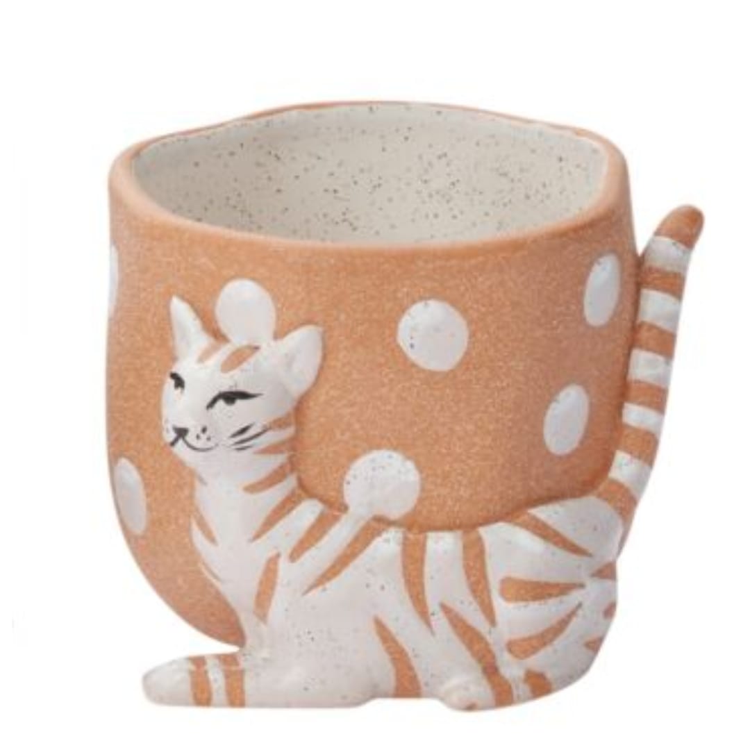 Pampered Cat Pot  - For cat parents &amp; cat lovers alike, the Pampered Pet Pot is an ode to felines for all who celebrate. This ceramic pot is a perfect pet parent gift for Mother's Day, Father's Day, birthdays, holidays, or just because. With a dimensional cat sculpted into the base, hand-painted details, &amp; a textured matte finish, this watertight planter is best paired with a drop-in plant baby. - 4.25"x 4.5"x 3.5"