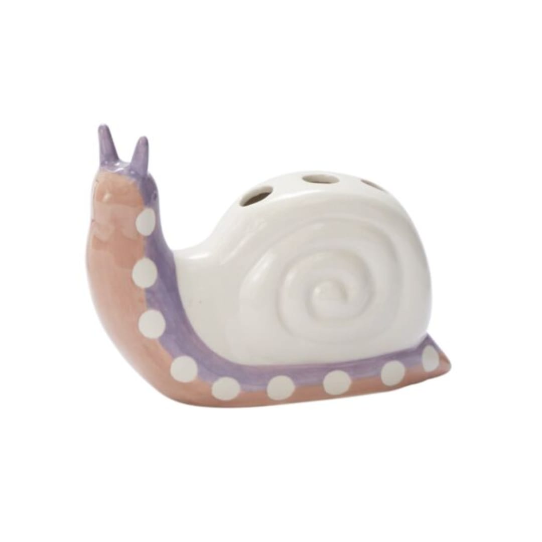  Take Time Budvase - Artist Jessica Hiemstra knows how to pick out the charm of nature to create unique, customer-favorite designs, like the ceramic Take Time Budvase. This delightful snail features 3 holes on top with hand-painted, watercolor-like pink &amp; purple detailing on natural white clay. Add a small bunch of blooms or a few fresh-cut spring stems for a whimsical Easter or spring accent piece. - 6.25"x 2.5"x 5" DELUXE: florist choice blooms added to bud vase 