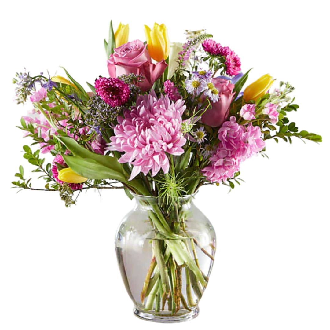 Touch of Spring  - This vibrant spring floral arrangement radiates sunshine with its cheerful yellow tulips, paired beautifully with the rich purple hues of cremones and stock. The bright yellow tulips bring an uplifting energy, while the cremones add a touch of elegance with their delicate, ruffled petals in deep purple. The stock flowers, with their soft, fragrant blooms, enhance the arrangement’s beauty, offering a sweet, layered texture. Together, these blooms create a striking and joyful display, perfect for welcoming the warmth and freshness of spring into any space.    