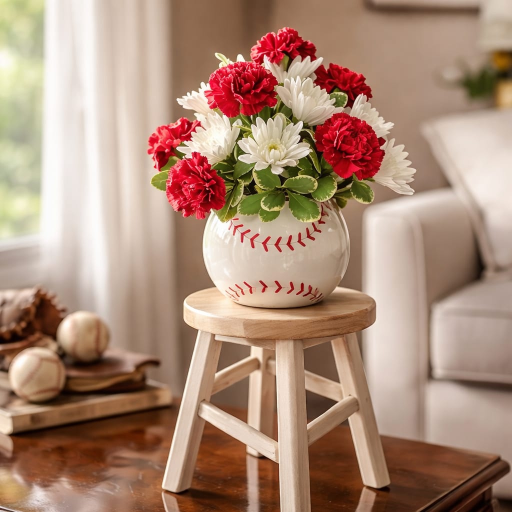 Take Me Out To The Ballgame -  For any baseball enthusiast, this absolutely adorable baseball container has a beautiful arrangement of Red Carnations and White Cushion Mums. Perfect for the desk, table top, or bedside table!